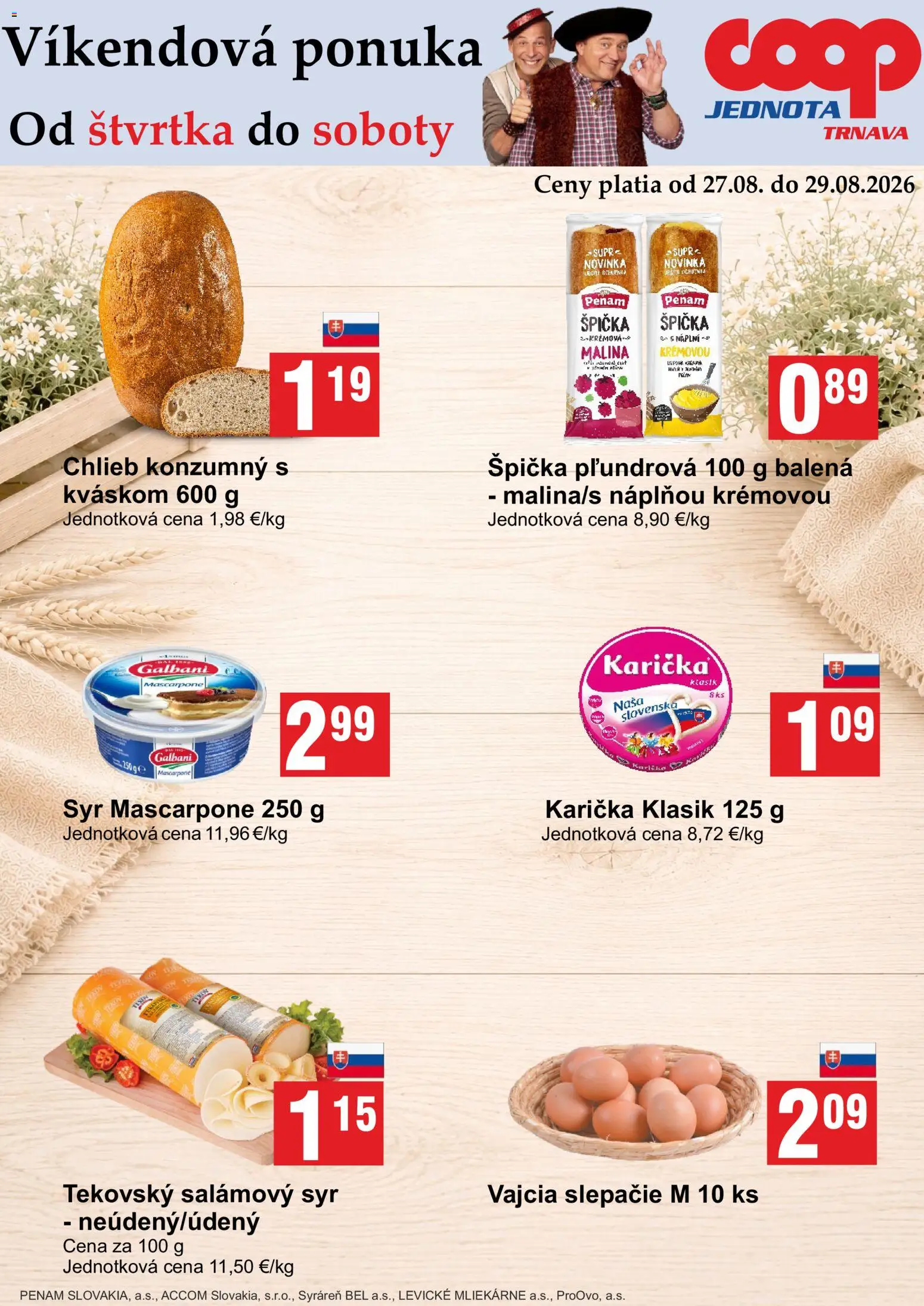 Nové COOP Jednota akcie – leták je platný od 27.08.2026 | Strana: 1 | Produkty: Syr, Vajcia, Chlieb, Mascarpone