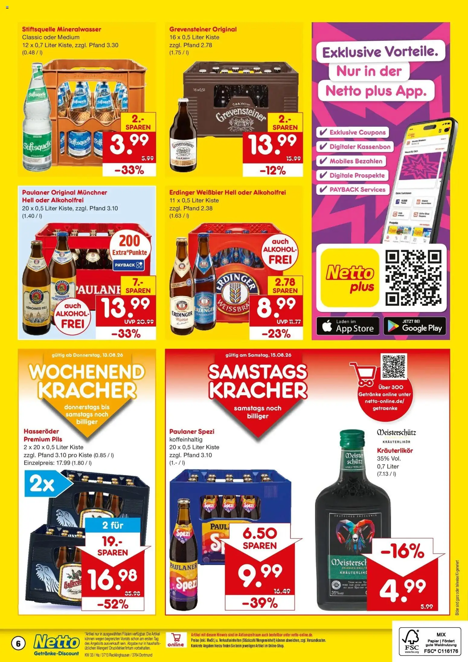 Netto Marken-Discount Prospekt Dortmund (ab 10.08.2026) » Angebote | Seite: 6 | Produkte: Paulaner spezi, Bilder, Alkohol, Hasseröder