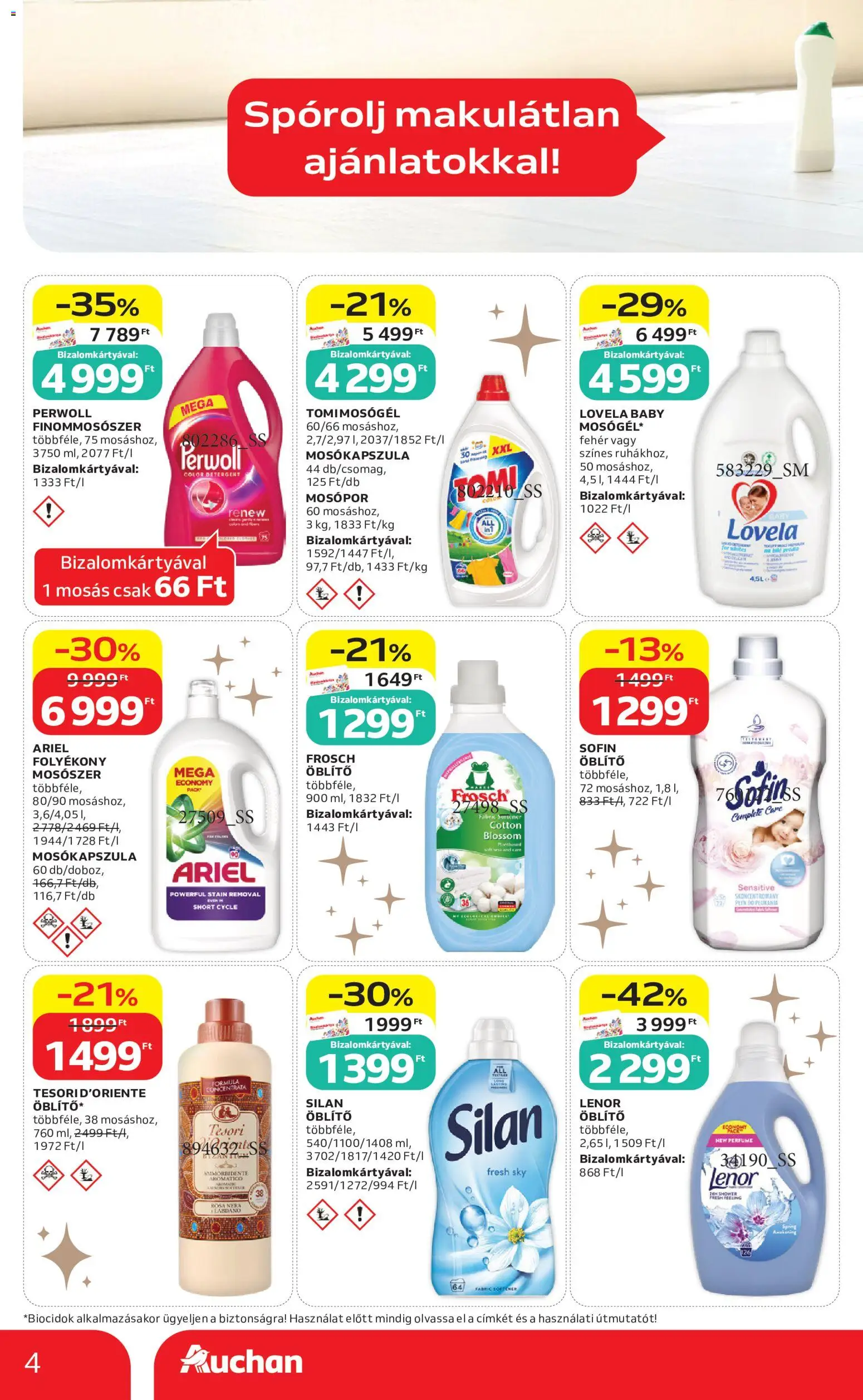 Auchan akciós ujság - amely érvényes a következő dátumtól: 04.06.2026 | Oldal: 4 | Termékek: Ariel, Perwoll, Öblítő, Mosószer