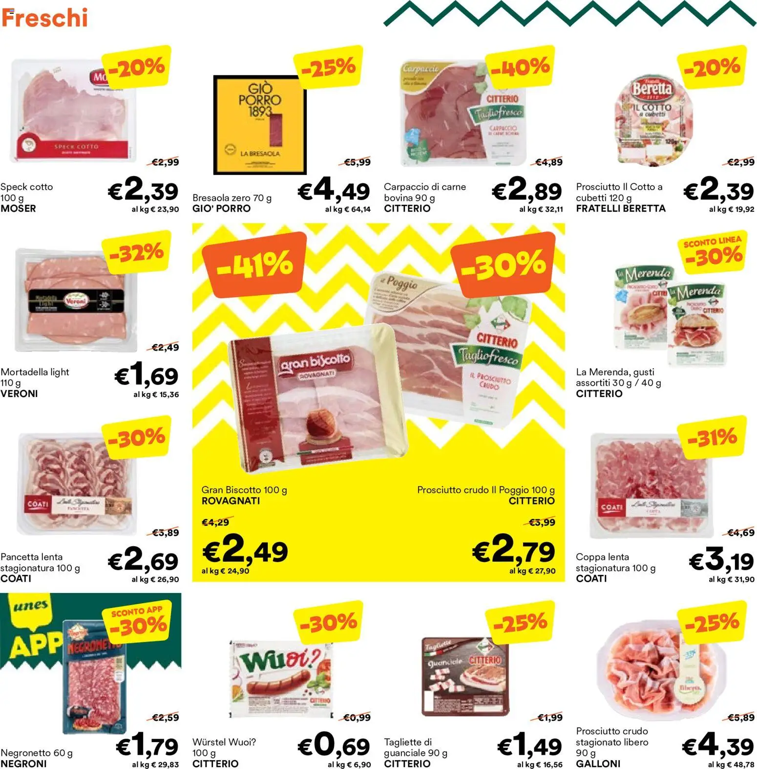 Volantino Unes del 03.06.2026 | Pagina: 6 | Prodotti: Bresaola, Prosciutto, Mortadella, Porro