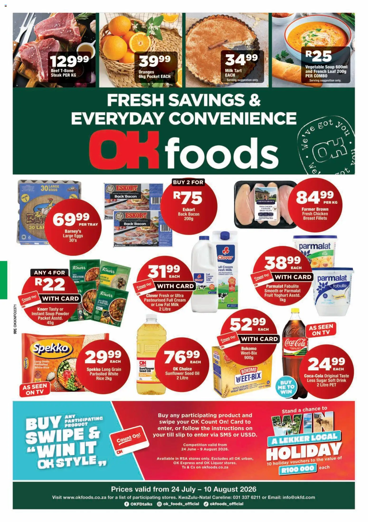 New OK Foods catalogue – valid from 24/07/2026 | Page: 1 | Products: Tray, Eggs, Biscuits, Sugar