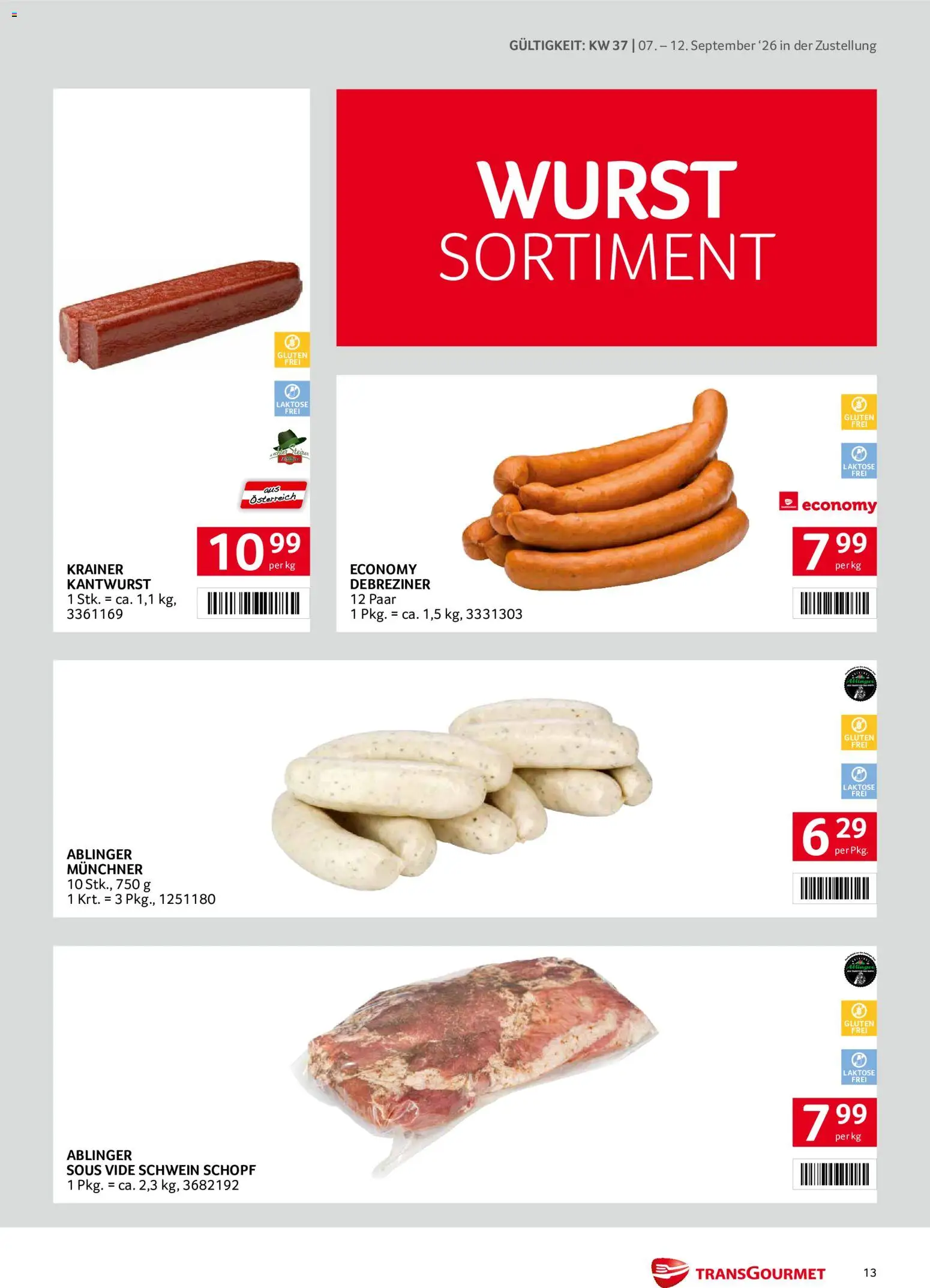 Transgourmet Zustellaktion - Broschüre gültig ab 07.09.2026 | Seite: 13 | Produkte: Wurst