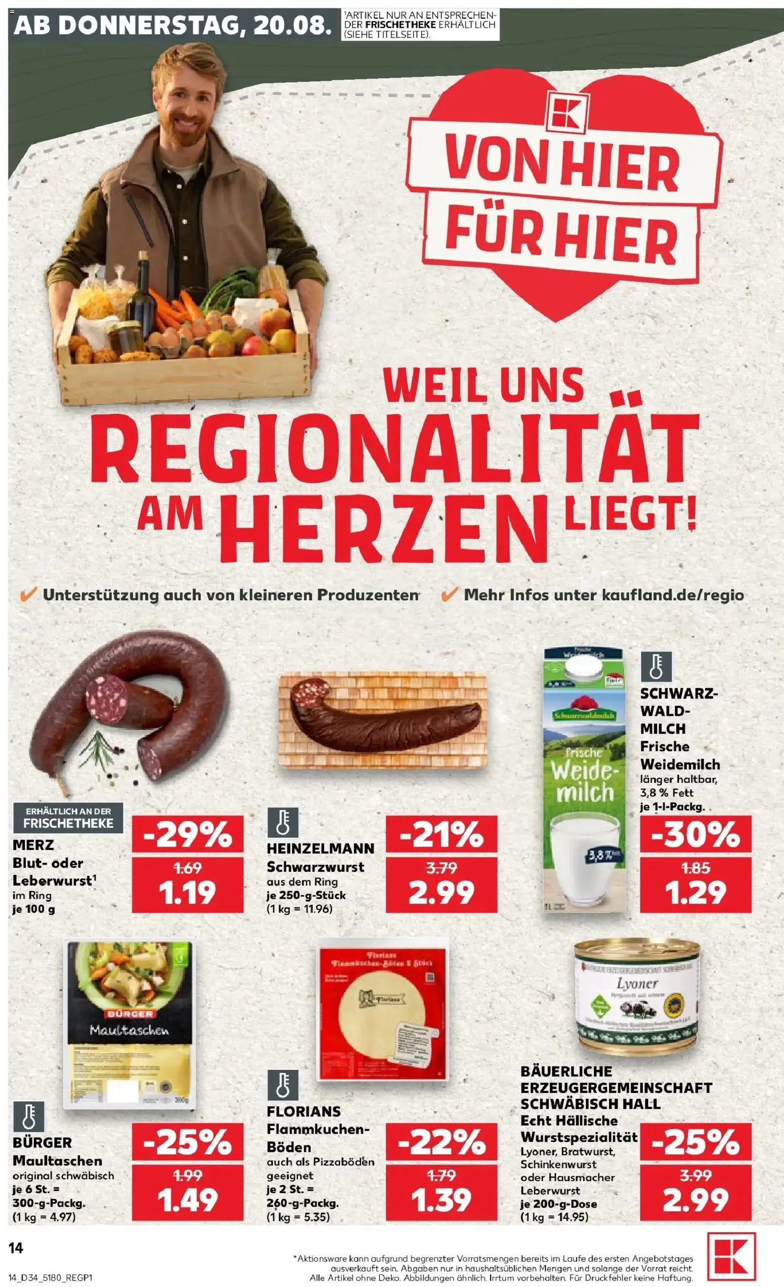 Prospekt Kaufland ab 20.08.2026 » Angebote Online zum Blättern | Seite: 14 | Produkte: Milch, Bratwurst, Burger, Maultaschen