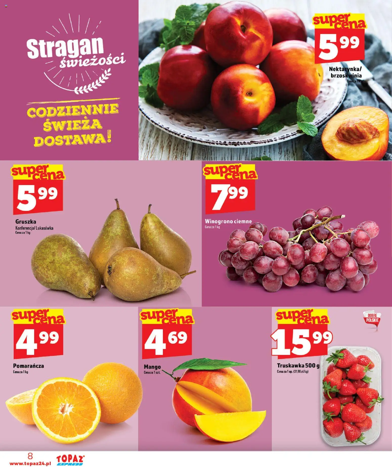 Topaz gazetka - Express od 03.09.2026 | Strona: 8 | Produkty: Mango, Brzoskwinia, Gruszka, Winogrono