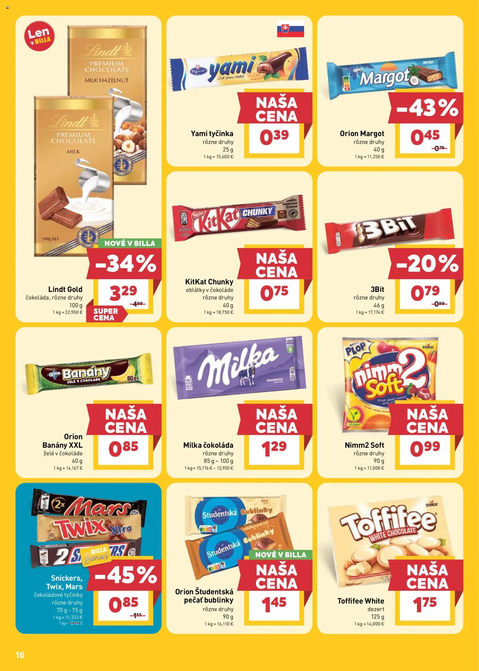 Nové Billa akcie – leták je platný od 13.05.2026 | Strana: 16 | Produkty: Banány, Lindt, Čokoláda, Milka