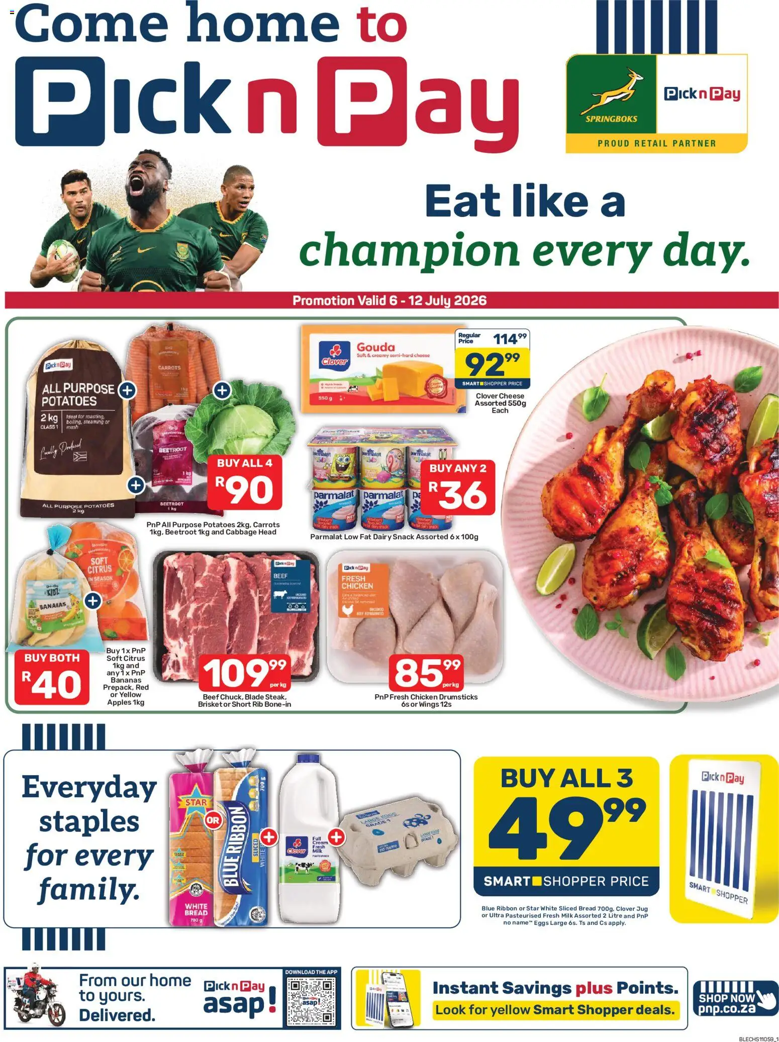 New Pick n Pay catalogue – valid from 06/07/2026 | Page: 1 | Products: Magdalenas, Milk, Cheese, Carrots