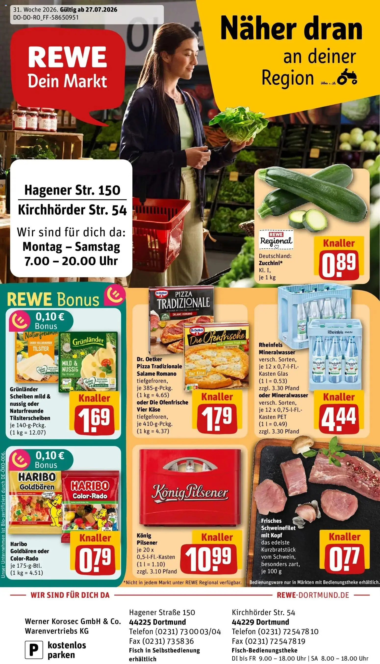 Rewe Prospekt Dortmund – gültig ab 27.07.2026 | Seite: 1 | Produkte: Käse, Schweinefilet, Grunlander, Pizza