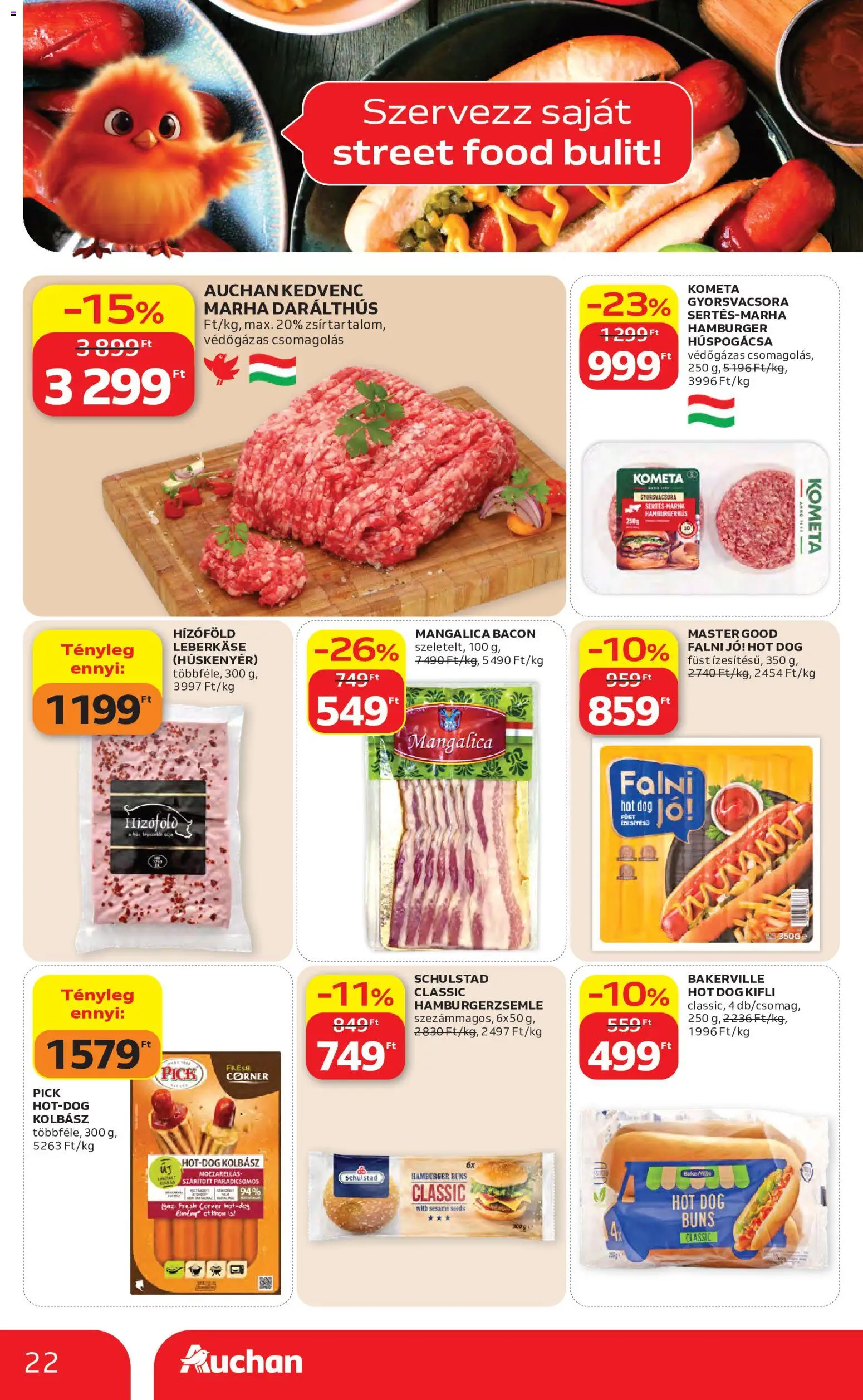 Auchan akciós ujság - amely érvényes a következő dátumtól: 07.05.2026 | Oldal: 22 | Termékek: Hot dog, Hamburger, Kifli, Hamburgerzsemle