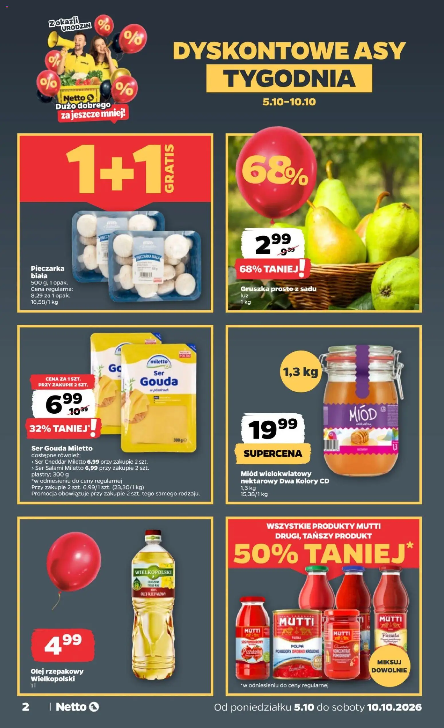 Netto gazetka od poniedziałku od 05.10.2026 | Strona: 2 | Produkty: Olej rzepakowy, Miód wielokwiatowy, Ser, Cheddar