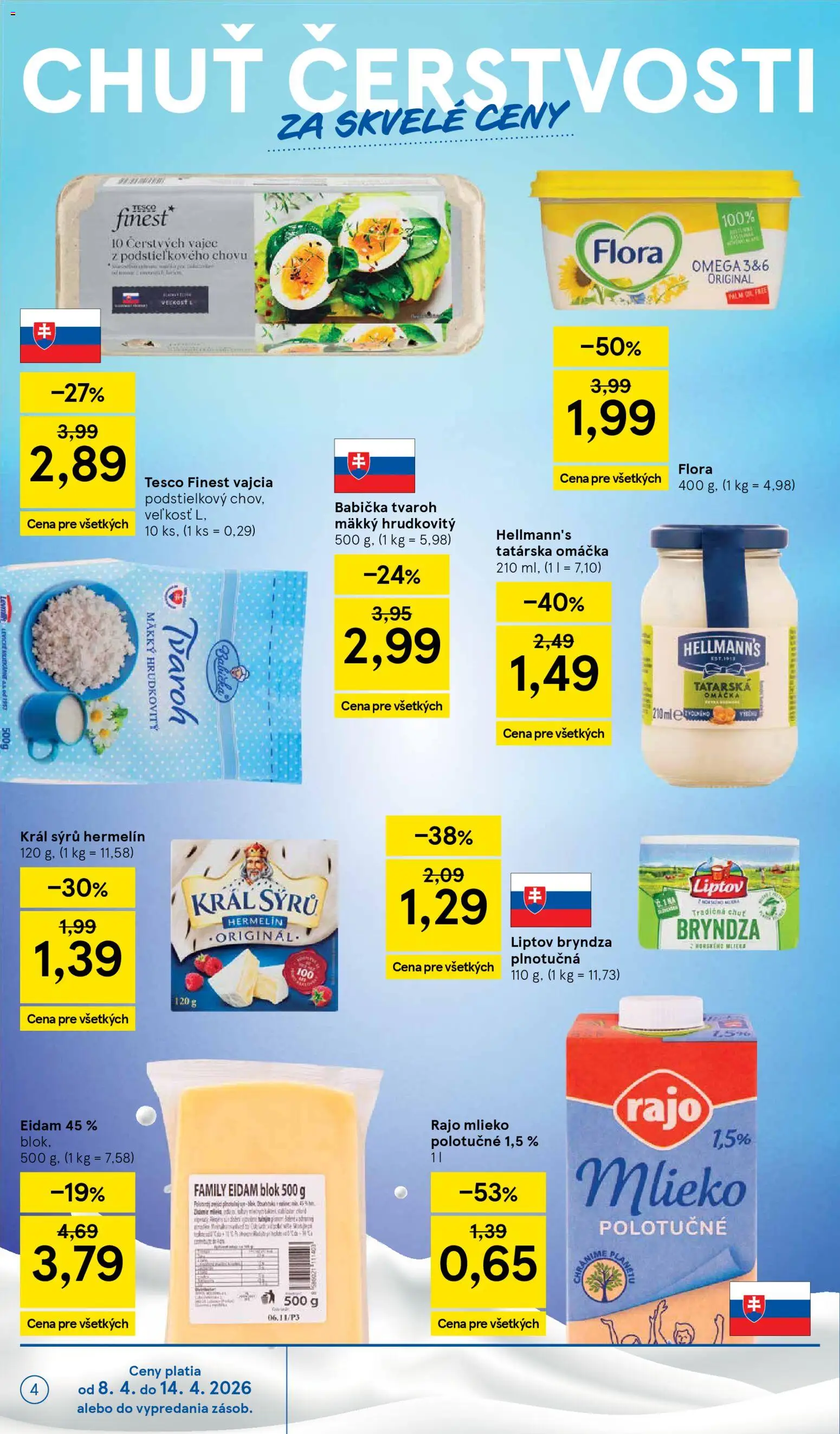 Nové Tesco akcie – leták je platný od 08.04.2026 | Strana: 4 | Produkty: Vajcia, Tvaroh, Tatárska omáčka, Omáčka