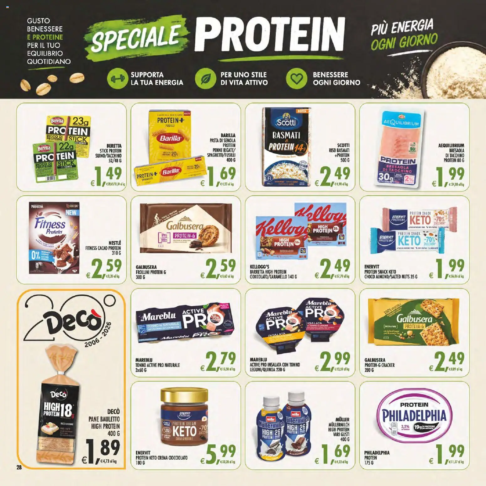 Volantino Decò del 13/10/2026 | Pagina: 28 | Prodotti: Pasta di semola, Barretta, Fusilli, Penne