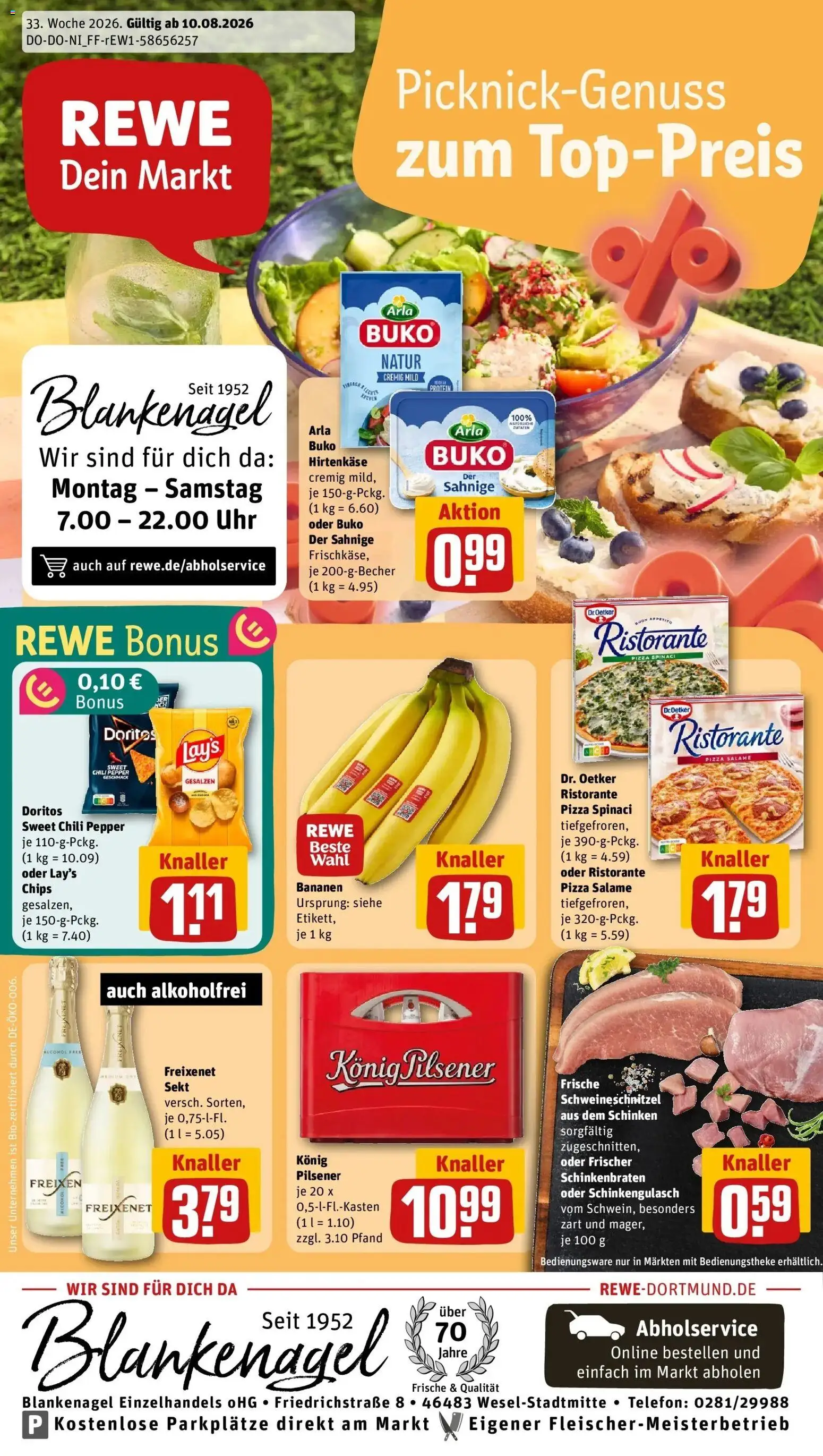 Rewe Prospekt Wesel – gültig ab 10.08.2026 | Seite: 1 | Produkte: Freixenet, Sekt, Schinken, Uhr
