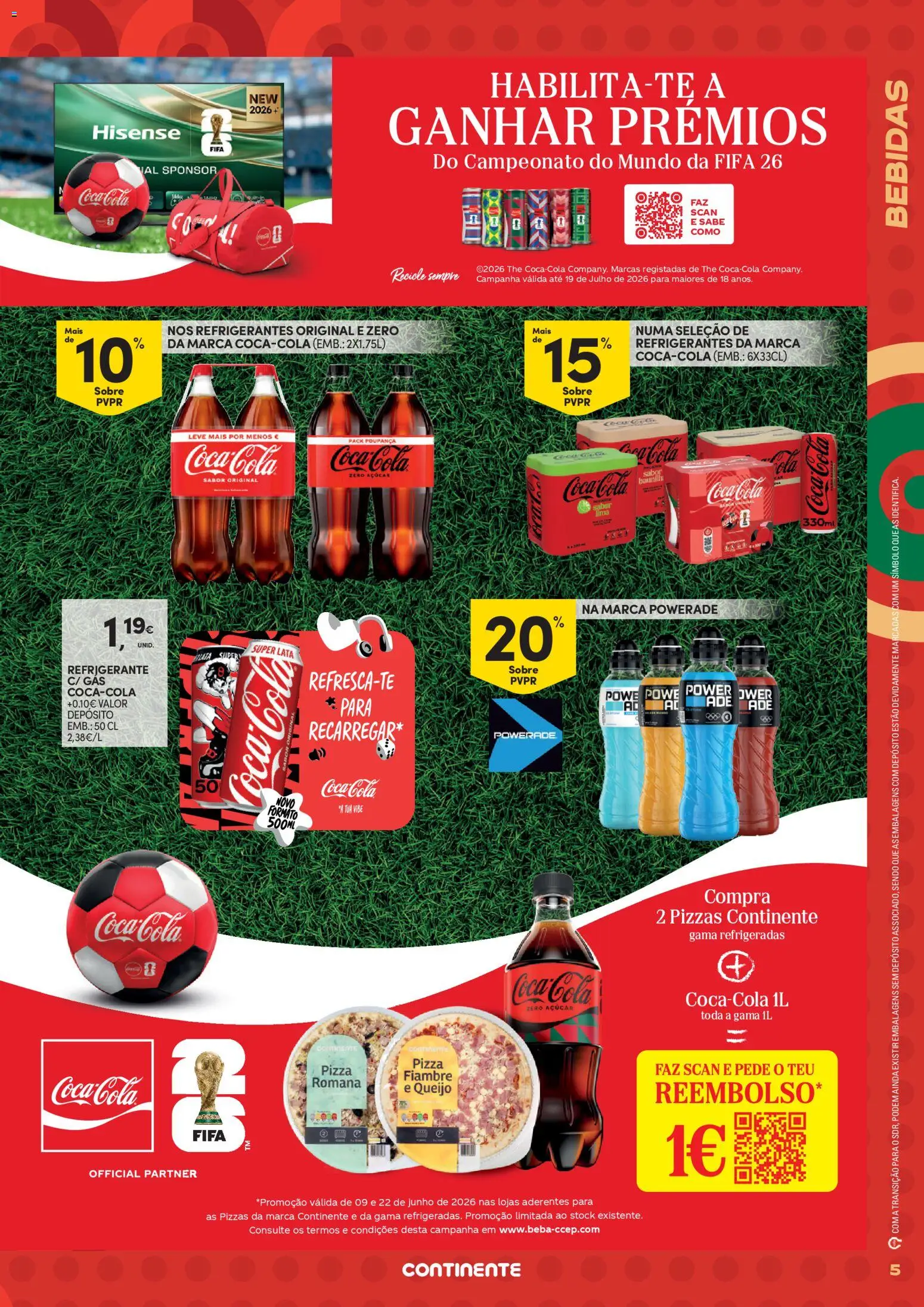 Continente - Futebol Alimenta a fome de vencer │ válido de 09.06.2026 | Página: 5 | Produtos: Refrigerante, Queijo, Pizza, Soda