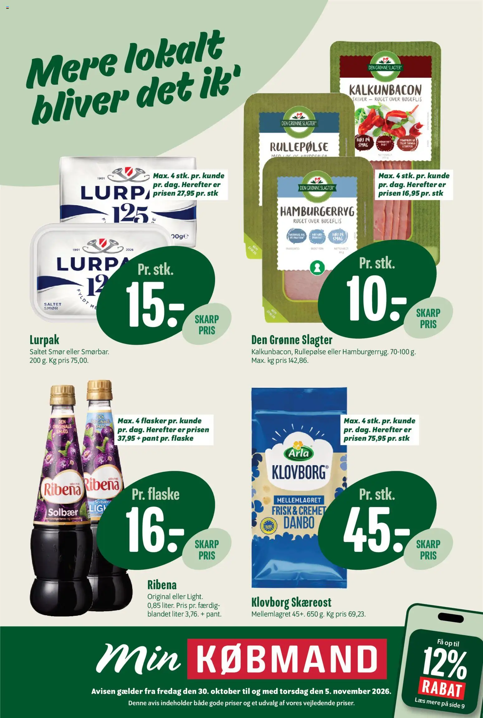 Min Købmand tilbudsavis – gyldig fra 30/10/2026 | Side: 1 | Produkter: Smør, Rullepølse, Hamburgerryg, Solbær
