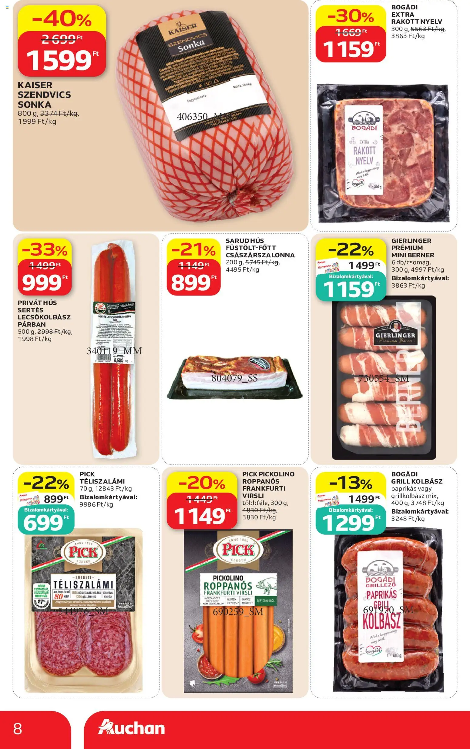 Auchan akciós ujság - amely érvényes a következő dátumtól: 07.05.2026 | Oldal: 8 | Termékek: Virsli, Sonka, Bacon, Császárszalonna