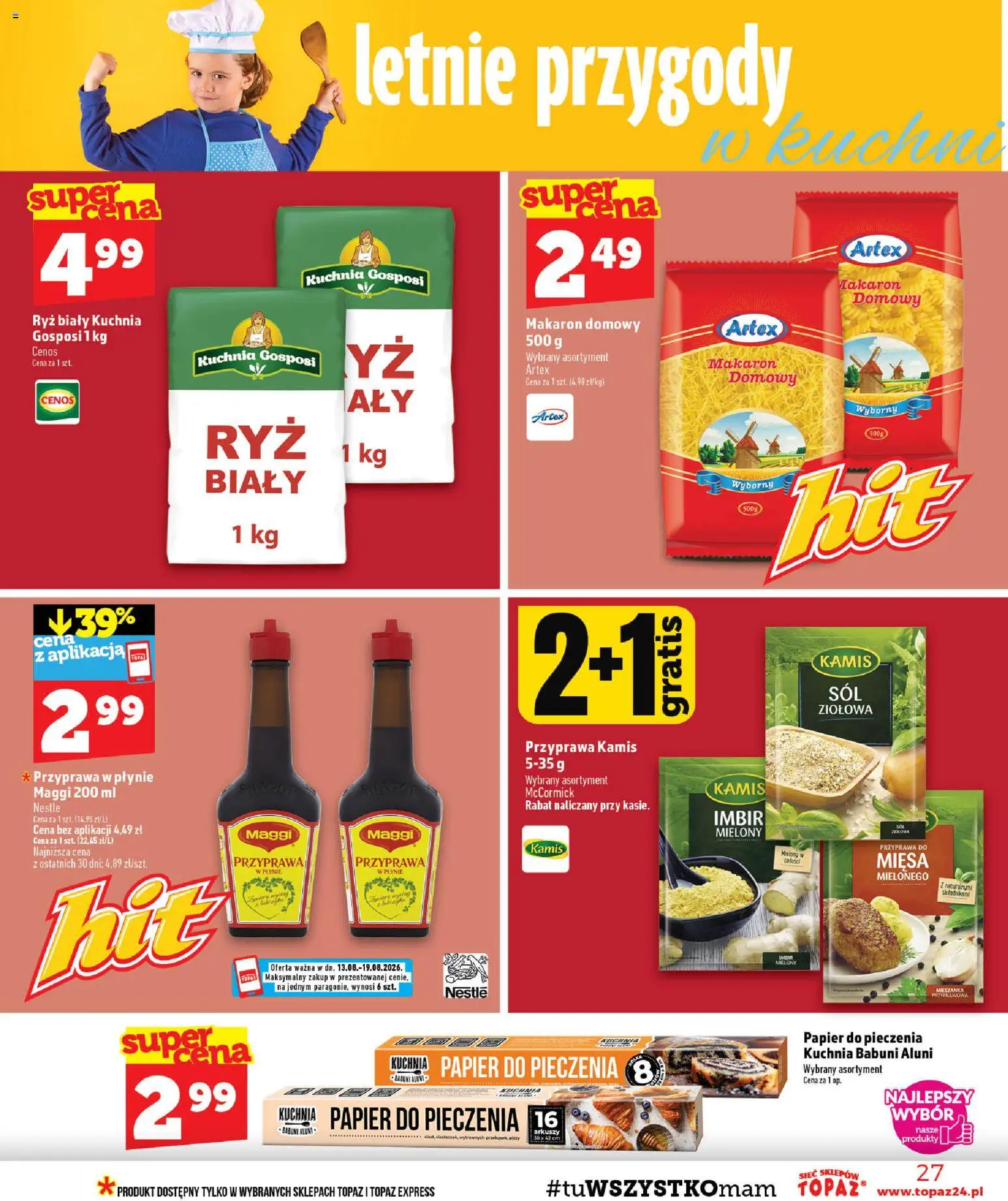 Topaz gazetka od 13.08.2026 | Strona: 27 | Produkty: Ryż biały, Papier do pieczenia, Ryż, Makaron