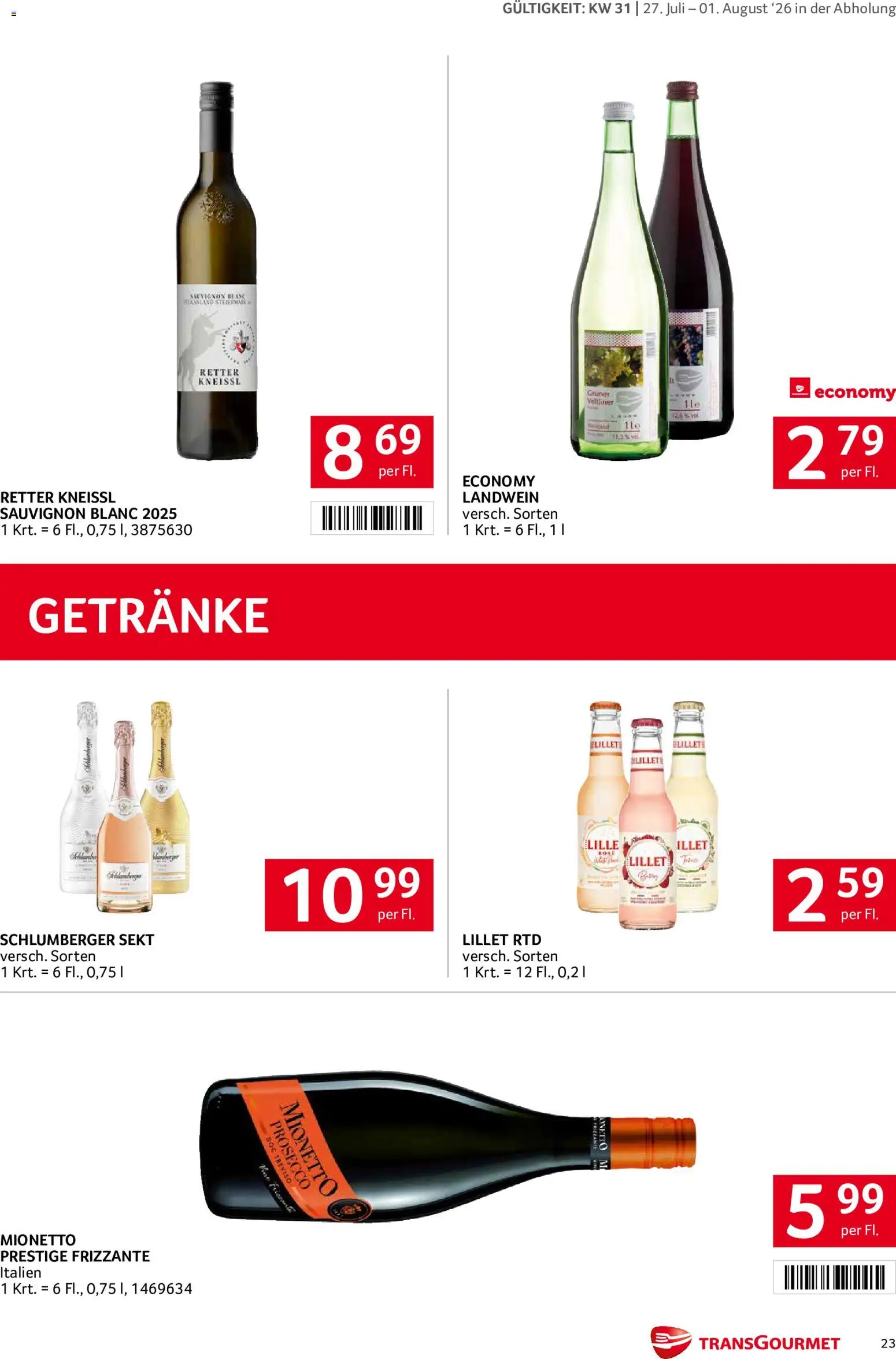 Transgourmet Flugblatt gültig ab 27.07.2026 | Seite: 23 | Produkte: Getränke, Prosecco, Retter