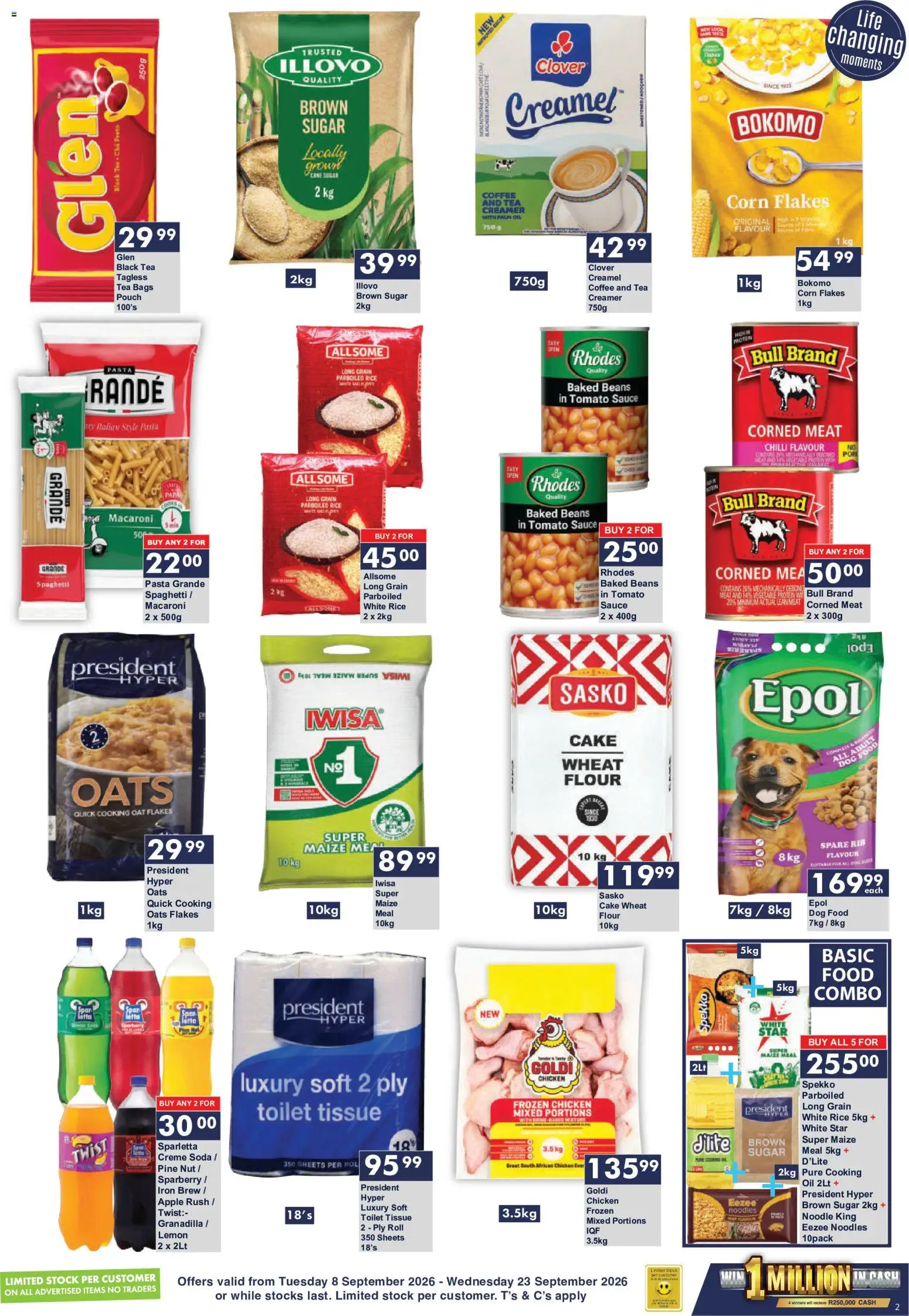 New President Hyper catalogue – valid from 08/09/2026 | Page: 2 | Products: Baked beans, Maize meal, Oil, Sauce