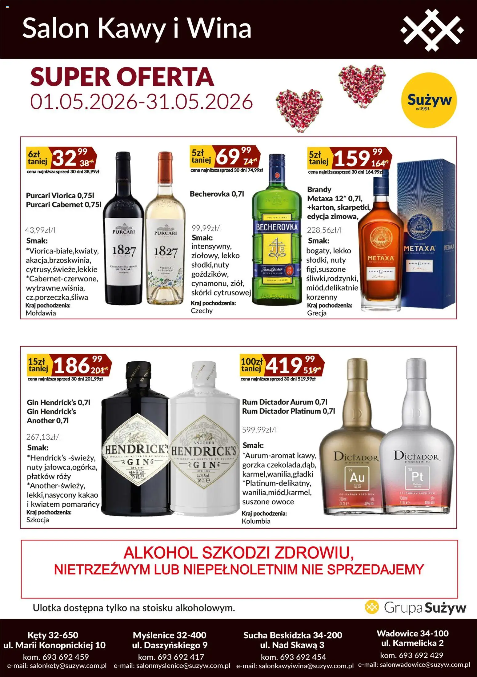 Sużyw gazetka - Salon kawy i wina od 01.05.2026 | Strona: 1 | Produkty: Metaxa, Rum, Gin, Owoce