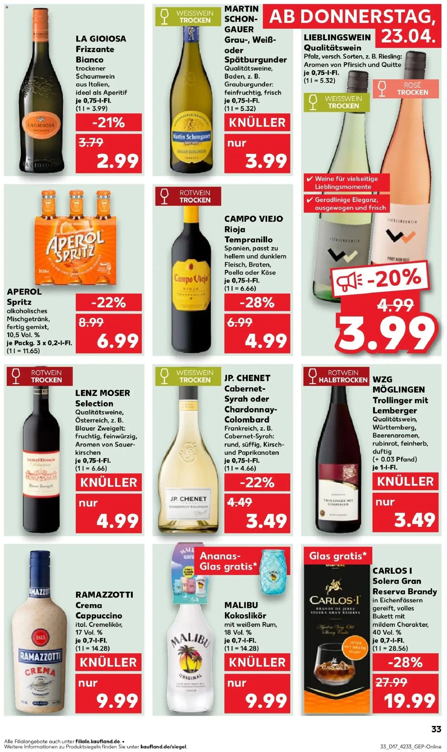 Kaufland Prospekt Ettlingen	 – gültig ab 20.04.2026 | Seite: 45 | Produkte: Weißwein, Kirschen, Aperol, Ramazzotti