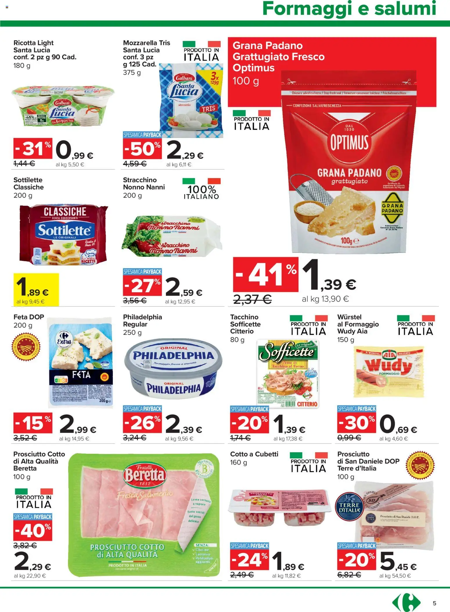 Volantino Carrefour del 16/07/2026 | Pagina: 5 | Prodotti: Mozzarella, Formaggio, Wurstel, Ricotta