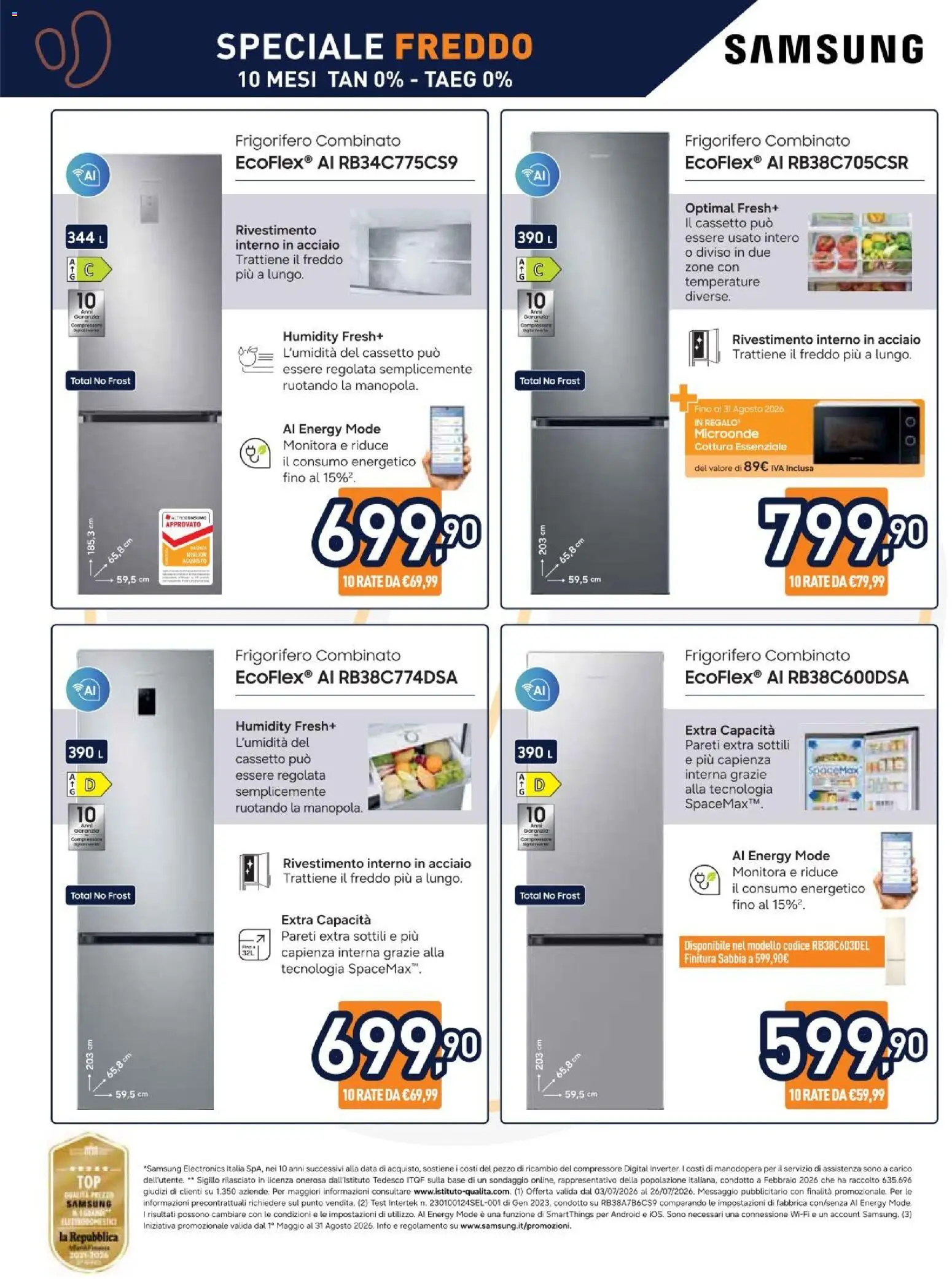Volantino Unieuro del 03/07/2026 | Pagina: 4 | Prodotti: Microonde, Frigorifero, Frigorifero combinato, Samsung