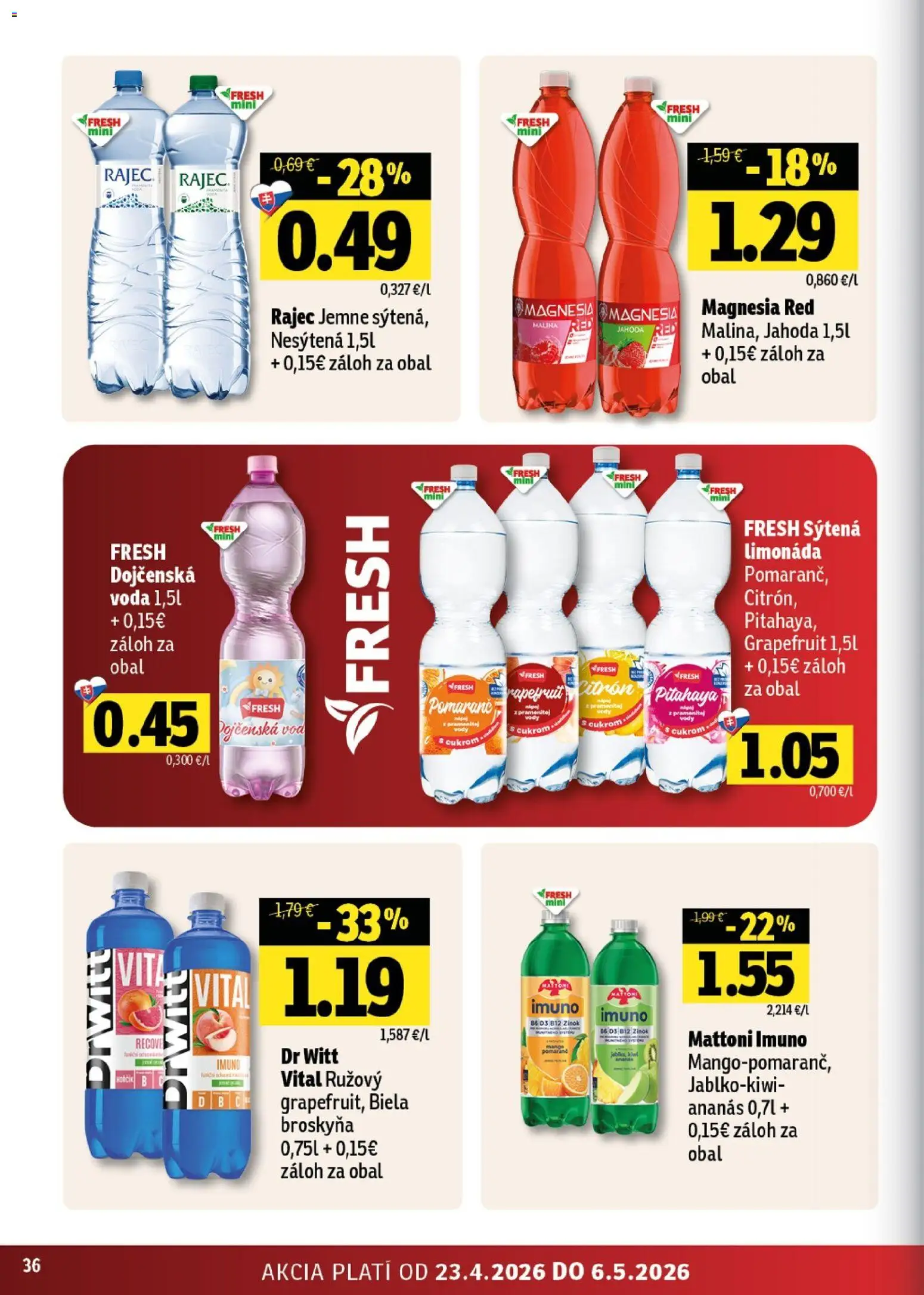 Nové Fresh akcie – leták je platný od 23.04.2026 | Strana: 36 | Produkty: Rajec, Magnesia, Ananás, Voda