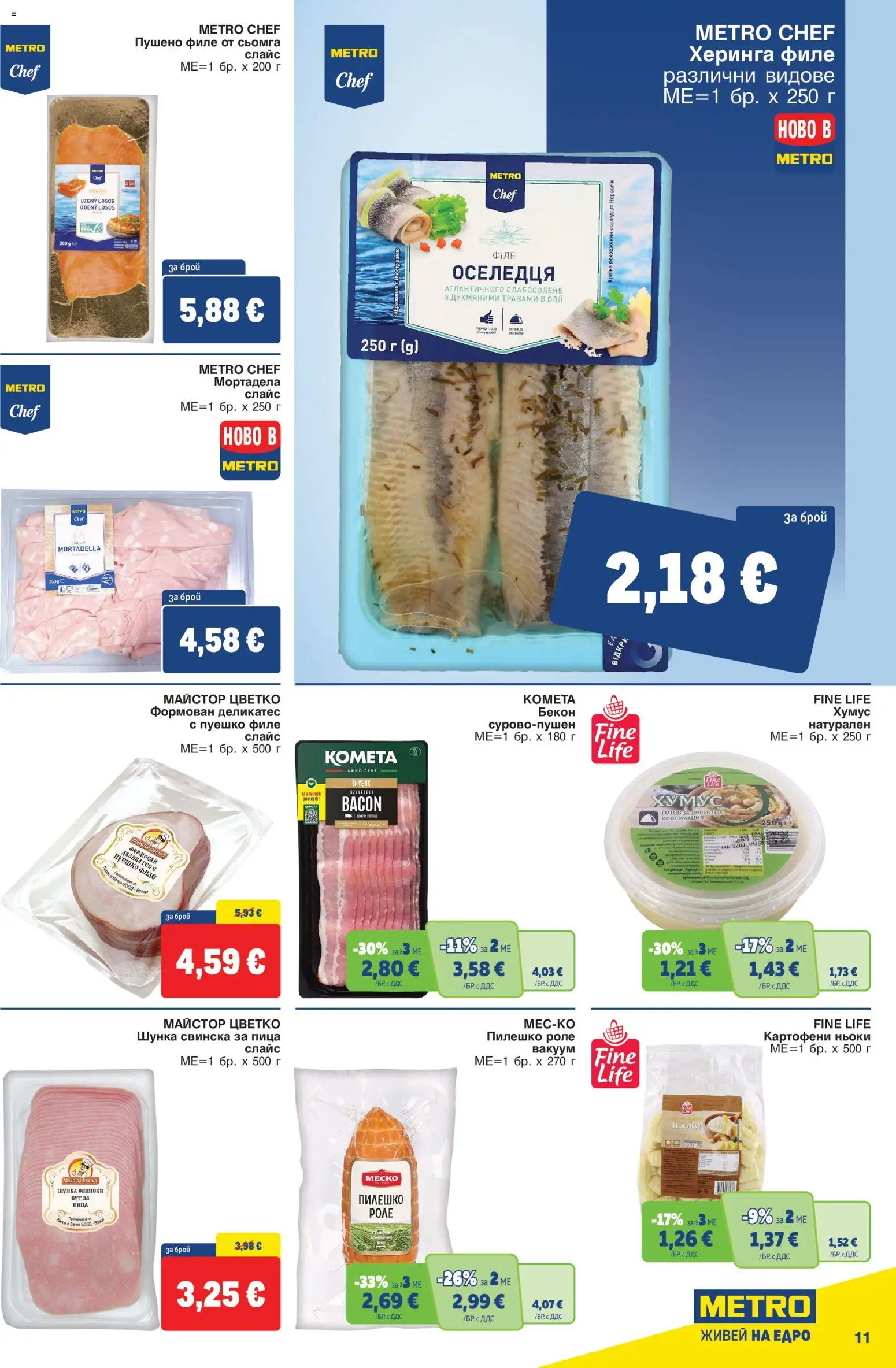 {H1} | Страница: 11 | Продукти: Бекон, Филе от сьомга, Ньоки, Пушено филе