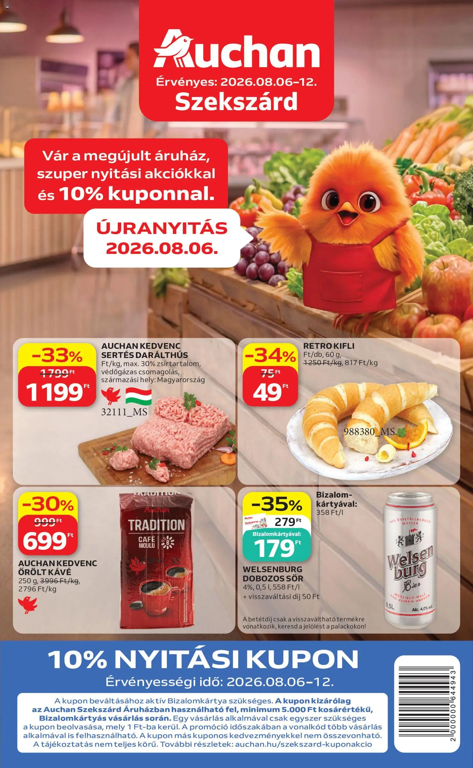 Auchan akciós ujság - amely érvényes a következő dátumtól: 2026.08.06. | Oldal: 1 | Termékek: Croissant, Kávé, Dobozos sör, Sör