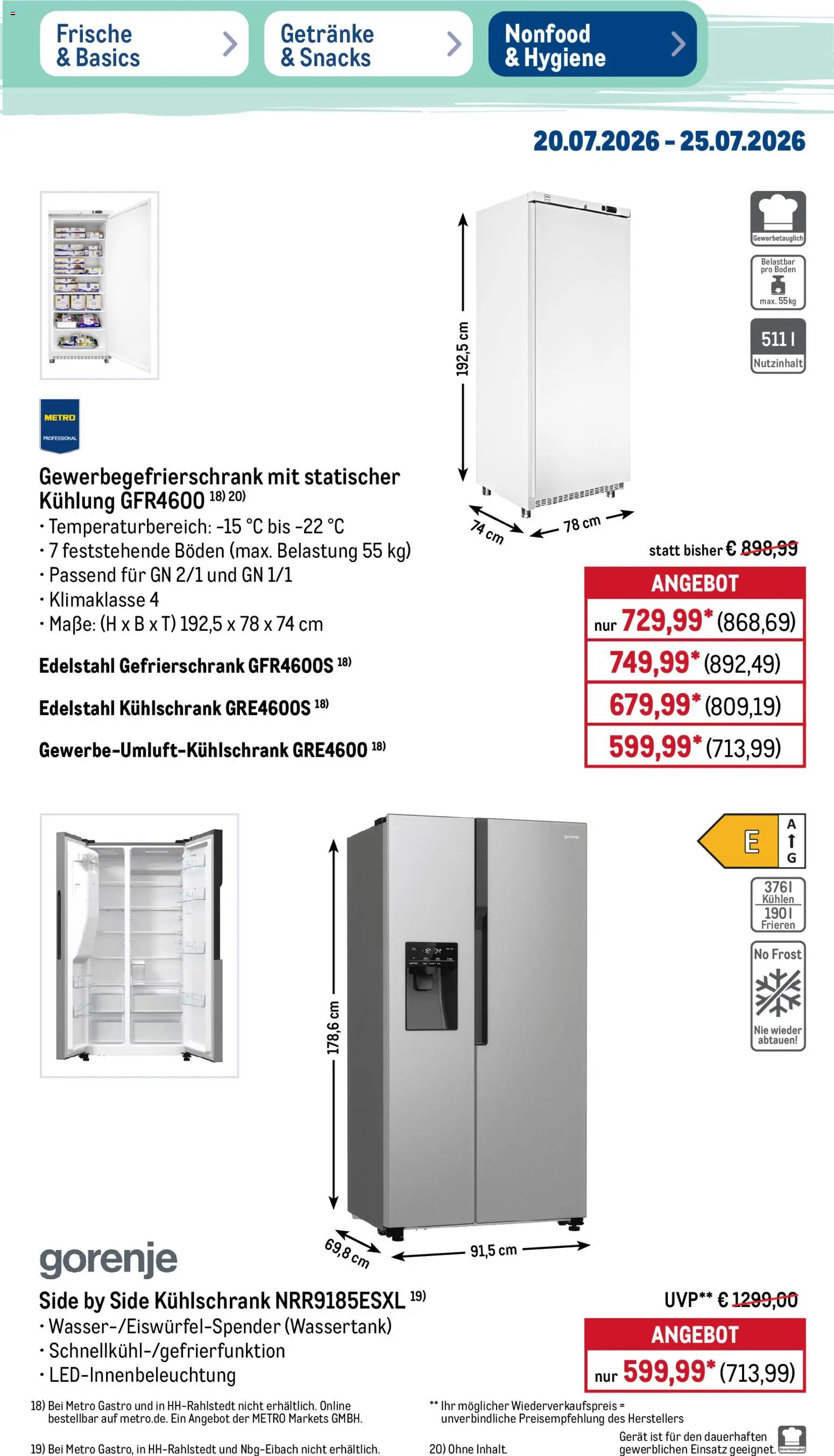 Metro NonFood-Angebote – gültig ab 20.07.2026 | Seite: 10 | Produkte: Gorenje, Gefrierschrank, Kühlschrank