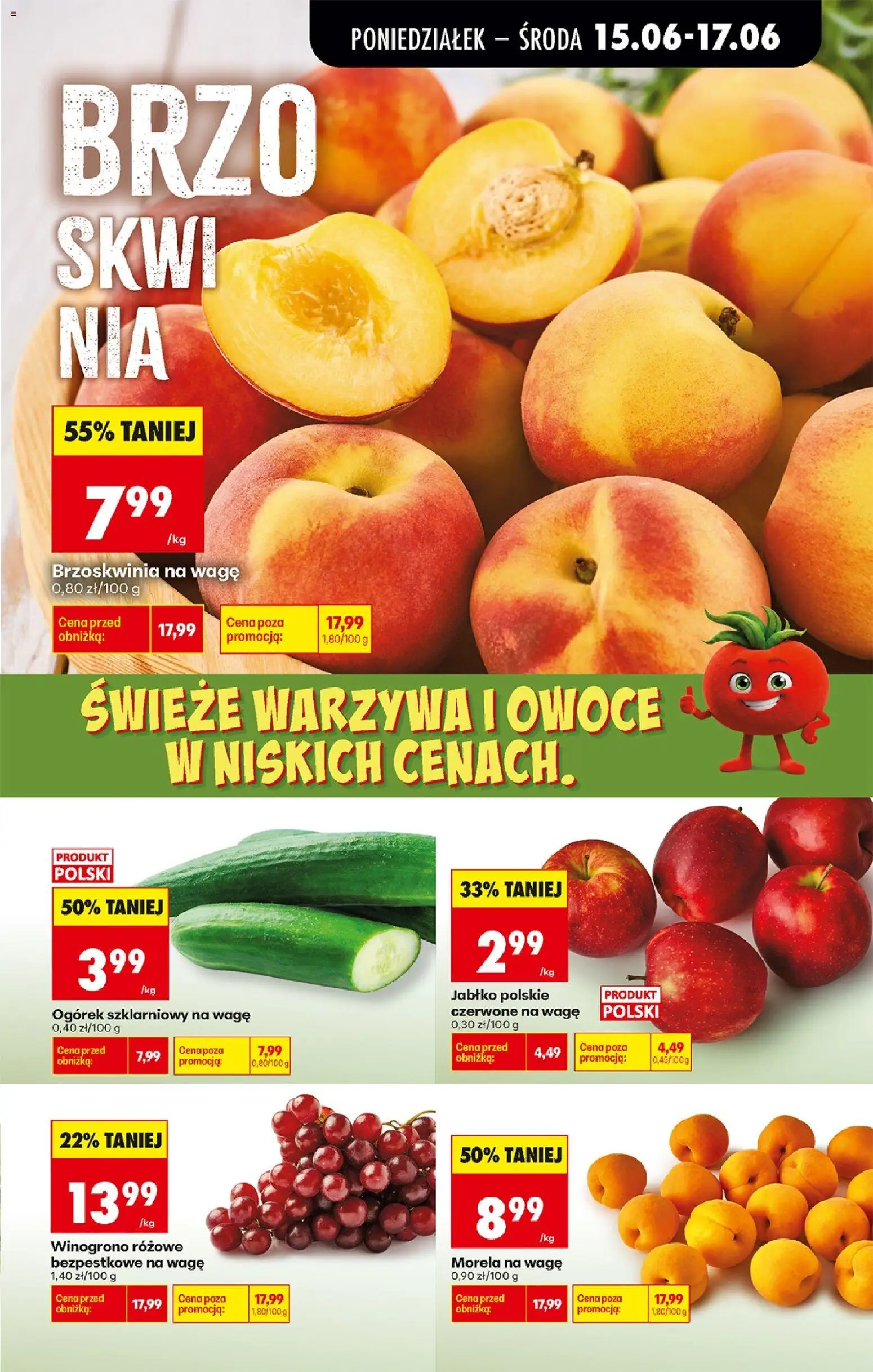 Biedronka gazetka od poniedziałku od 15.06.2026 | Strona: 27 | Produkty: Brzoskwinia, Ogórek szklarniowy, Warzywa, Owoce