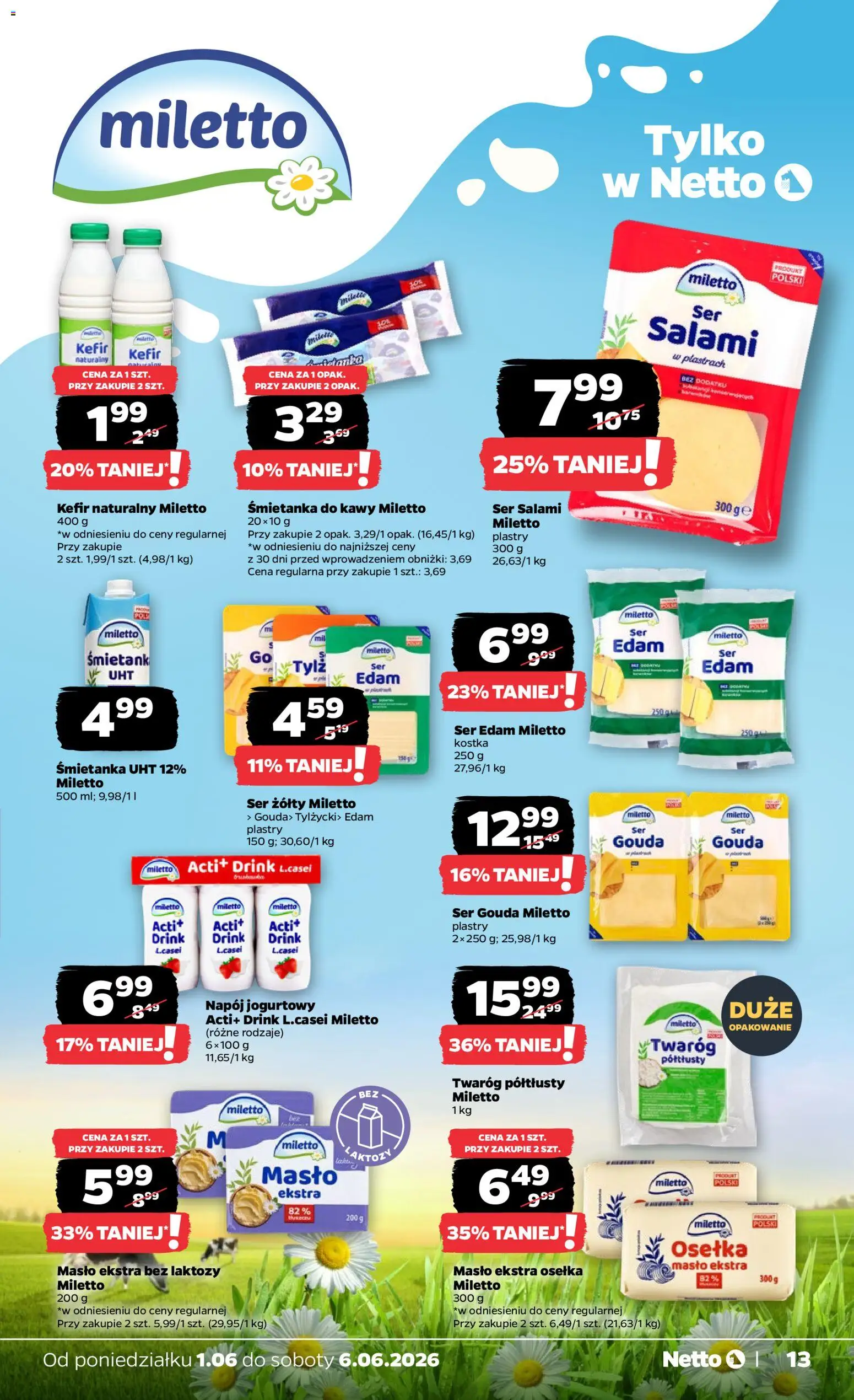 Netto gazetka od poniedziałku spożywcza od 01.06.2026 | Strona: 13 | Produkty: Ser żółty, Masło ekstra osełka, Kefir, Ser