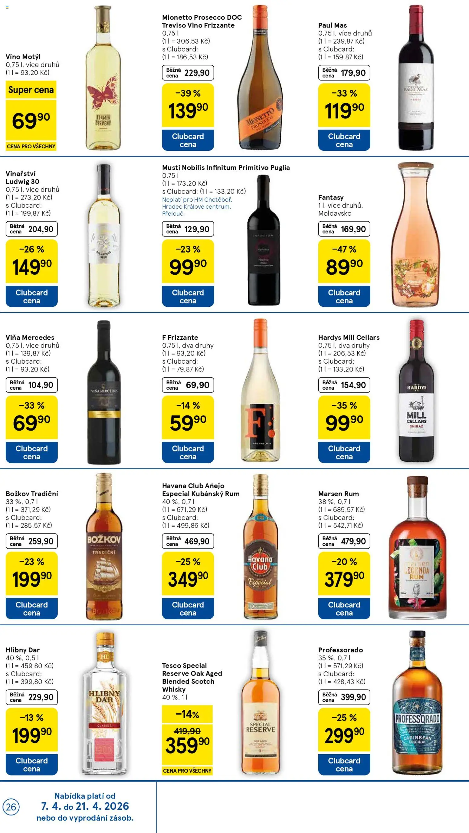Tesco leták - Hypermarket od 07.04.2026 | Strana: 26 | Produkty: Prosecco, Vodka, Havana club, Primitivo