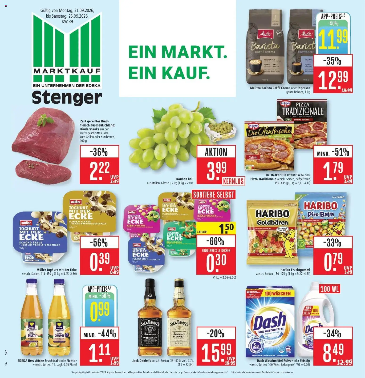 Marktkauf Prospekt Aschaffenburg (ab 21.09.2026) » Angebote online | Seite: 1 | Produkte: Melitta, Trauben, Fleisch, Whiskey