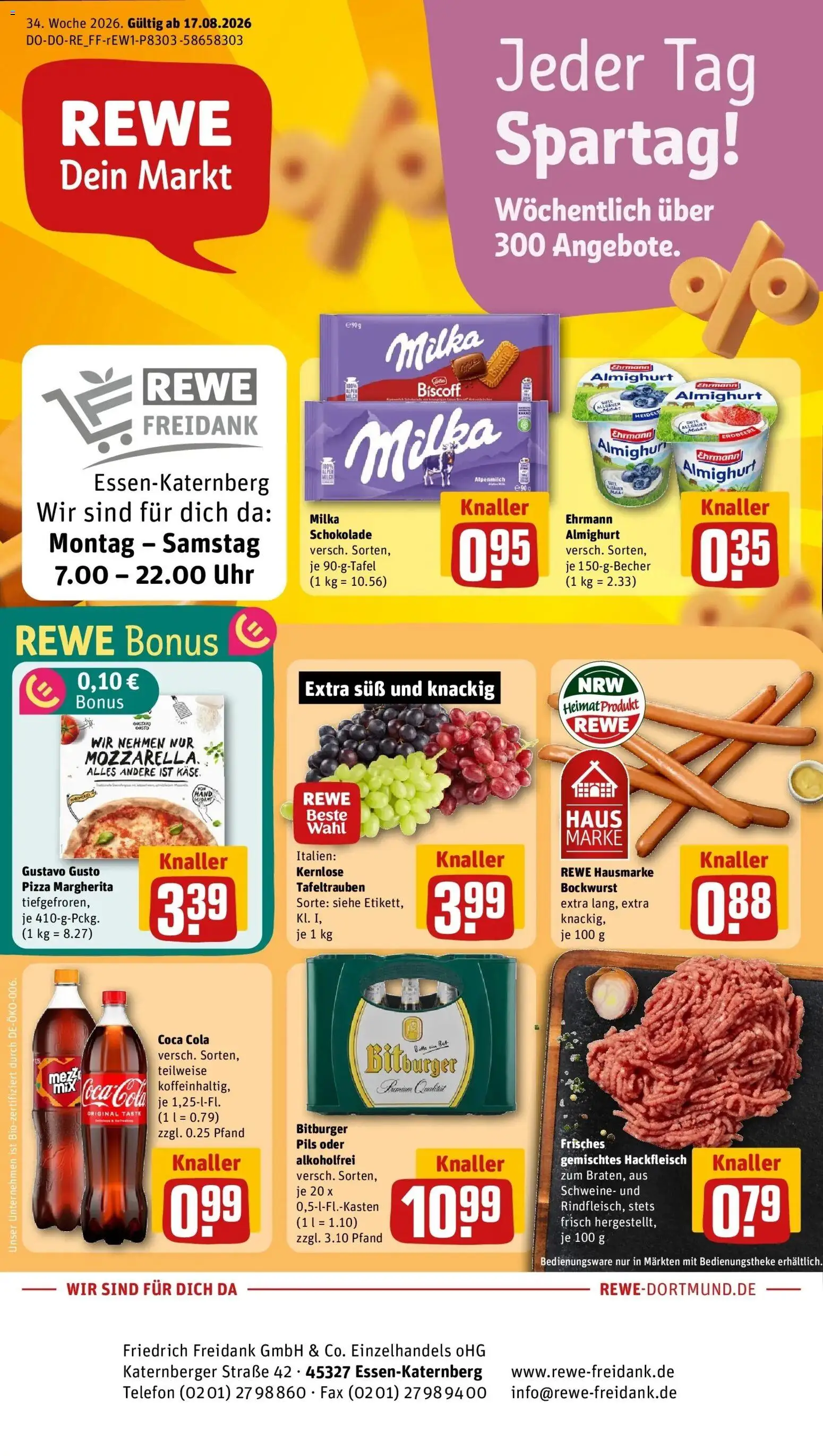 REWE Prospekt ab 17.08.2026 zum Blättern » Angebote | Seite: 1 | Produkte: Gustavo gusto, Bockwurst, Ehrmann almighurt, Schokolade
