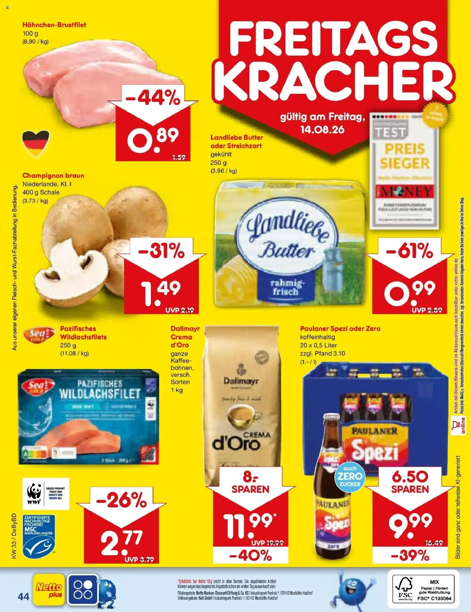 Netto Marken-Discount Prospekt Buttenwiesen – gültig ab 10.08.2026 | Seite: 60 | Produkte: Paulaner spezi, Landliebe butter, Dallmayr, Fleisch