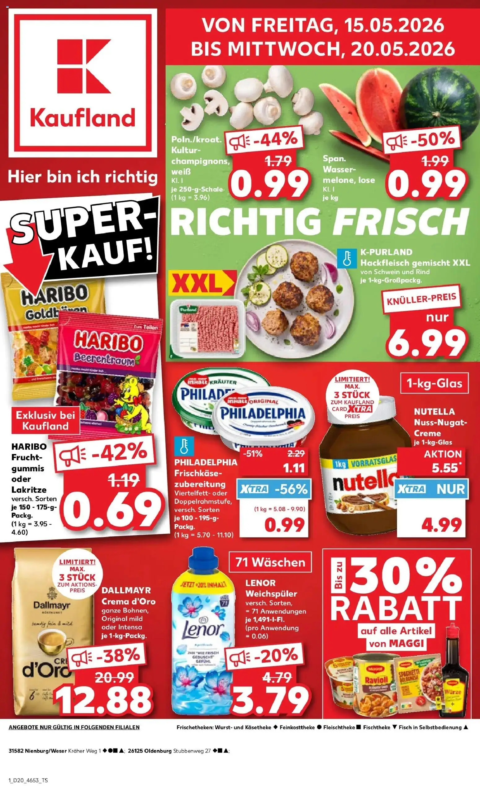 Kaufland Prospekt Oldenburg – gültig ab 15.05.2026 | Seite: 1 | Produkte: Nutella, Fisch, Wurst, Hackfleisch
