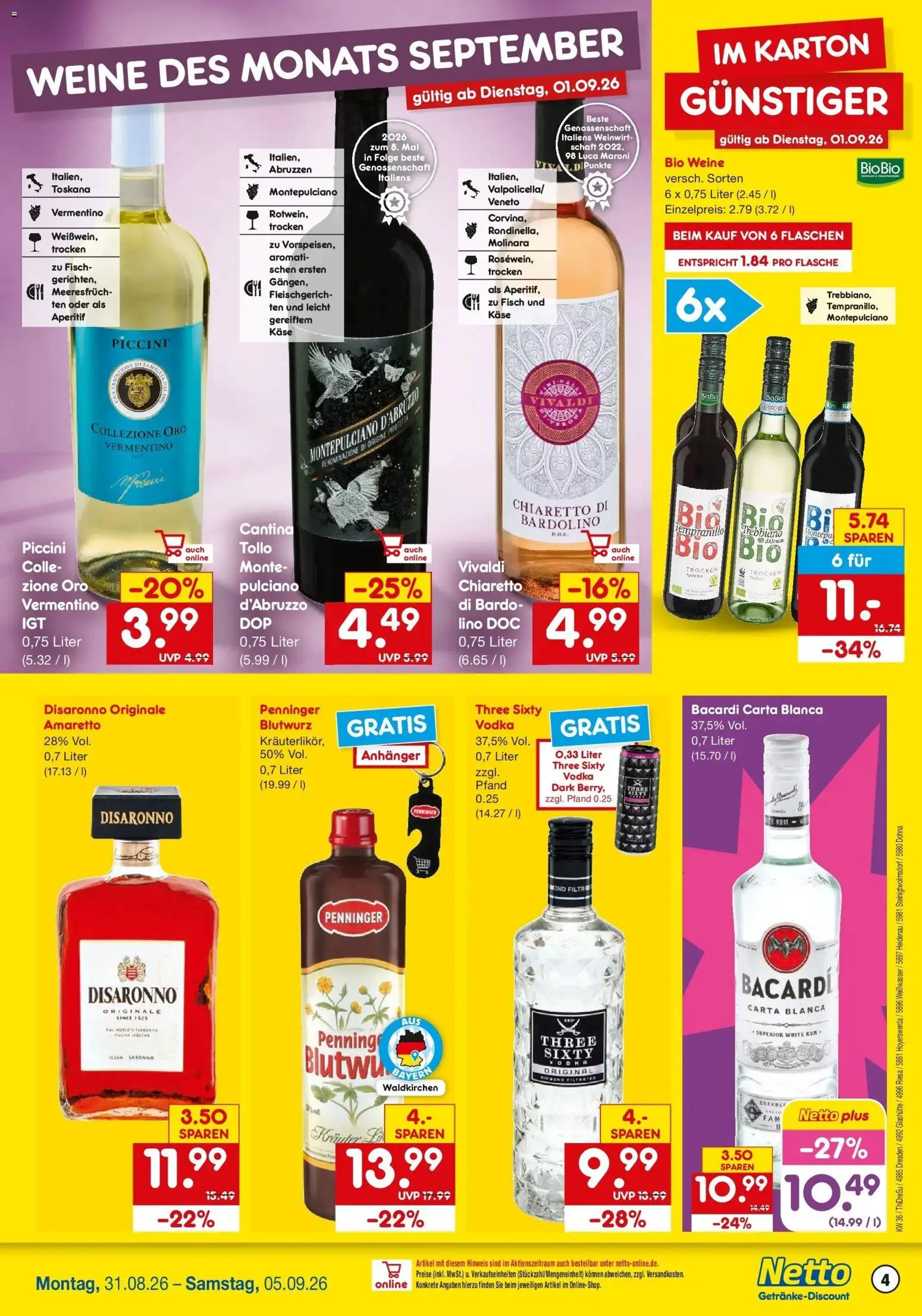 Netto Marken-Discount Prospekt Glashütte-Schlottwitz – gültig ab 31.08.2026 | Seite: 4 | Produkte: Käse, Rum, Fisch, Vodka