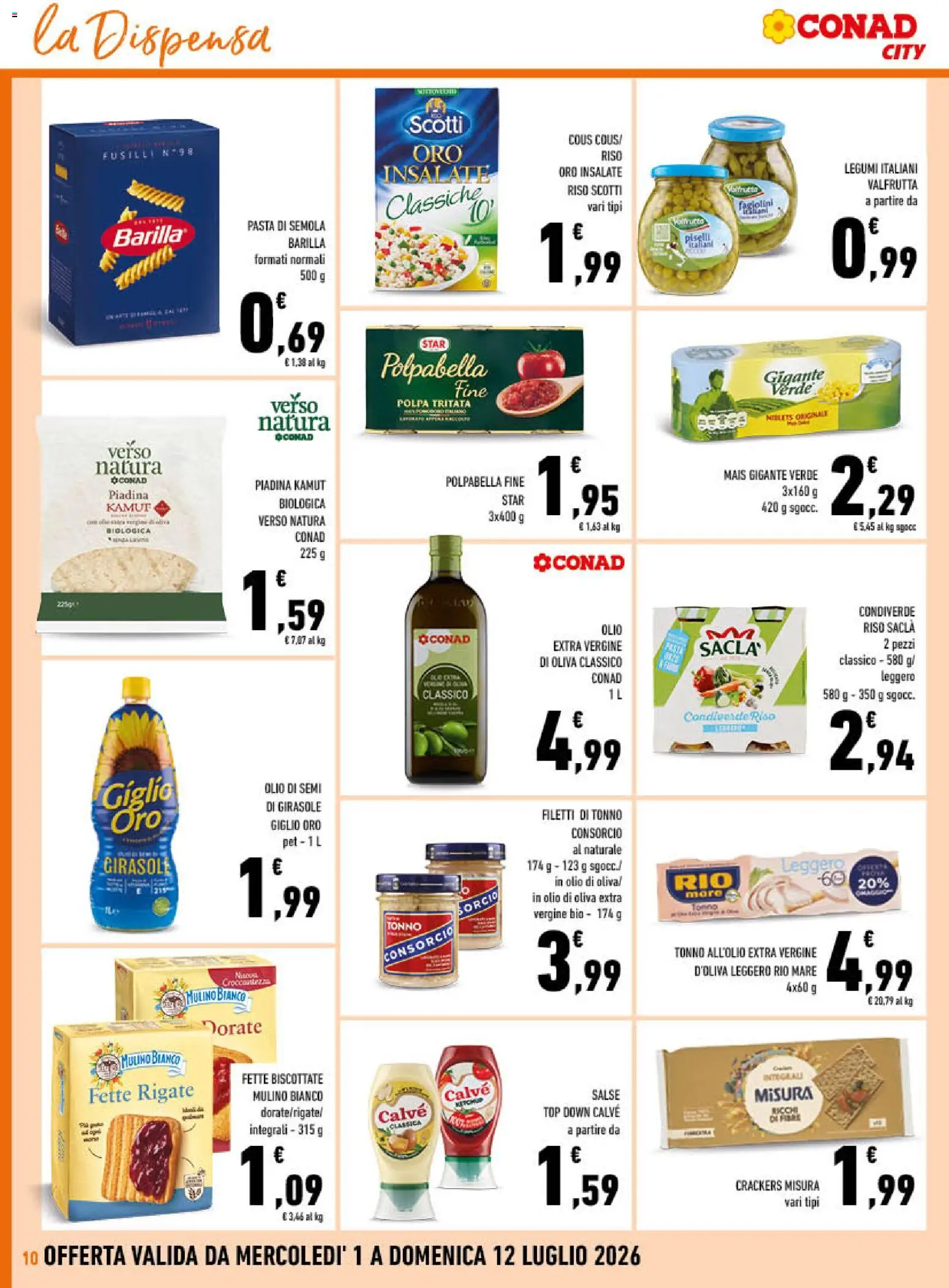 Volantino Conad del 01/07/2026 | Pagina: 10 | Prodotti: Pasta, Crackers, Fusilli, Olio di semi di girasole