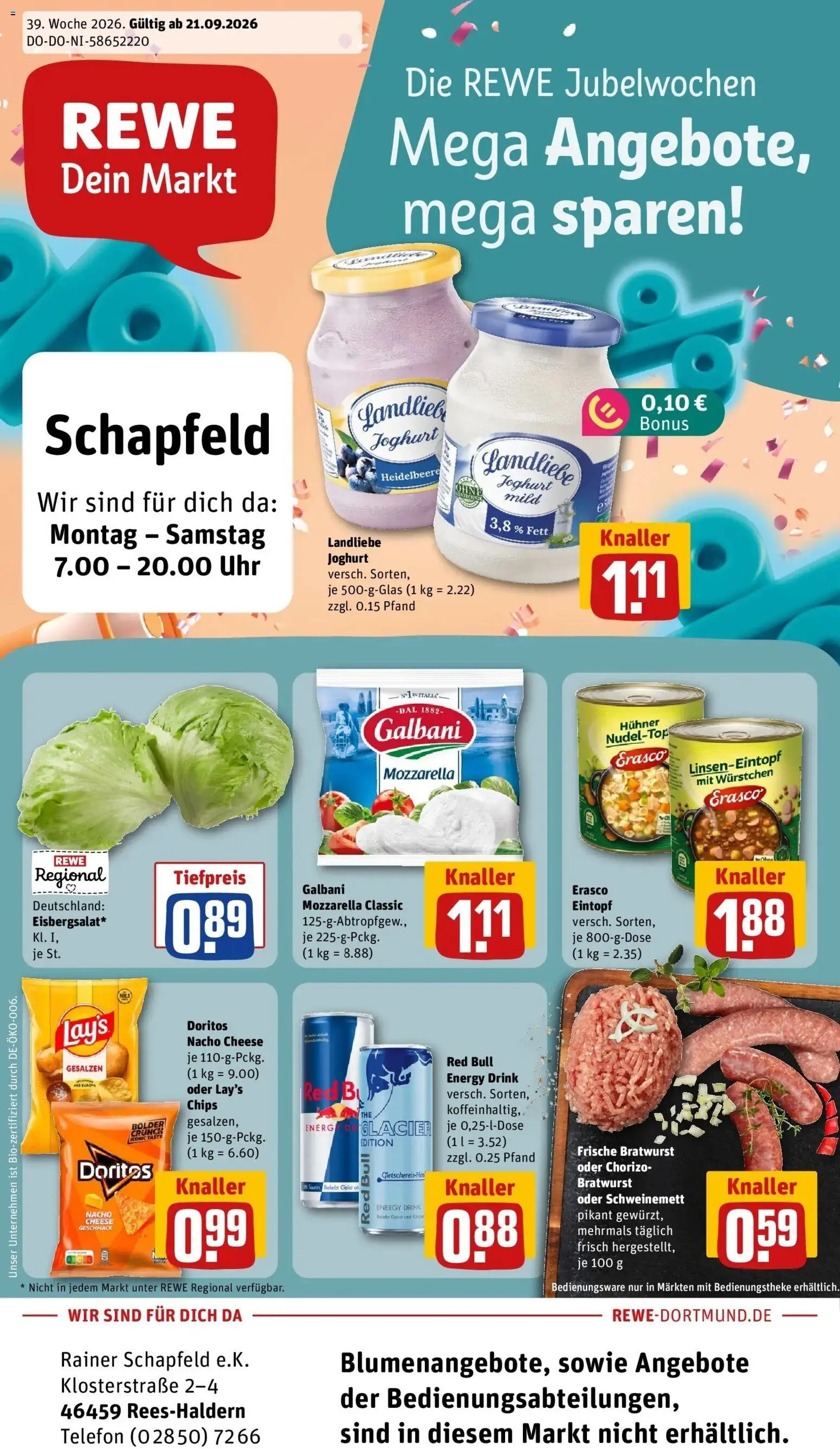 REWE Prospekt ab 21.09.2026 zum Blättern » Angebote | Seite: 1 | Produkte: Energy, Mozzarella, Erasco, Telefon