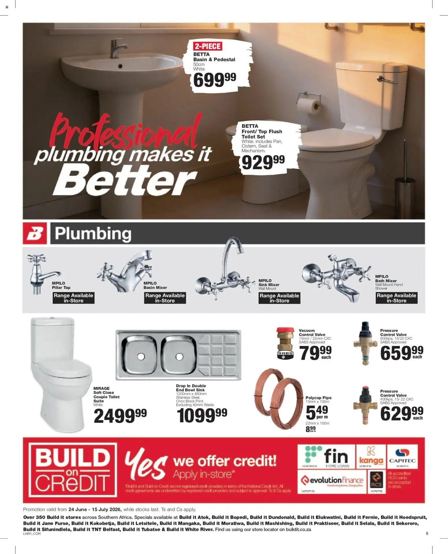 New Build It catalogue – valid from 24/06/2026 | Page: 5 | Products: Pedestal, Shower, Valve, Tap