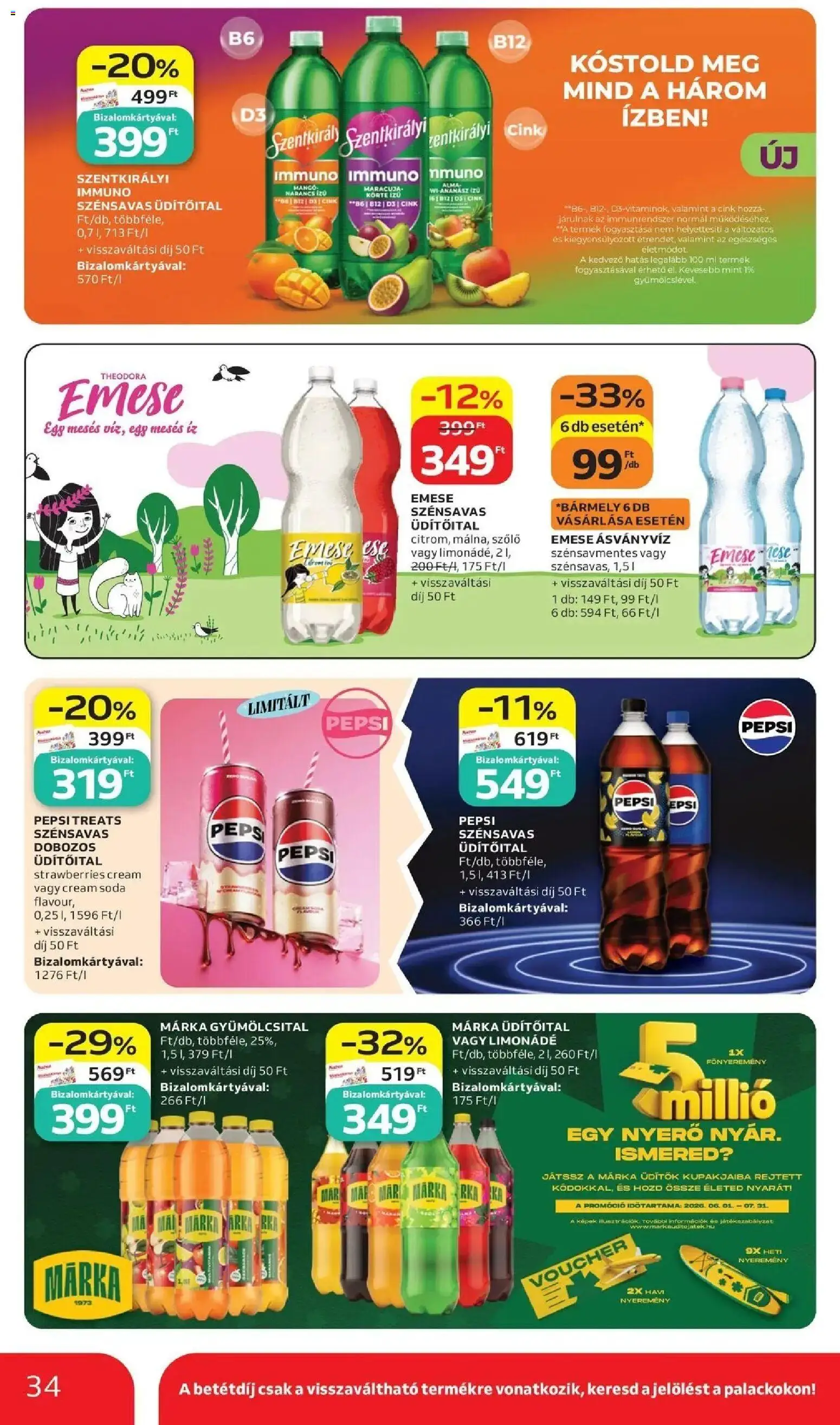 Auchan akciós ujság - amely érvényes a következő dátumtól: 2026.07.02. | Oldal: 34 | Termékek: Gyümölcsital, Pepsi, Limonádé, Ásványvíz