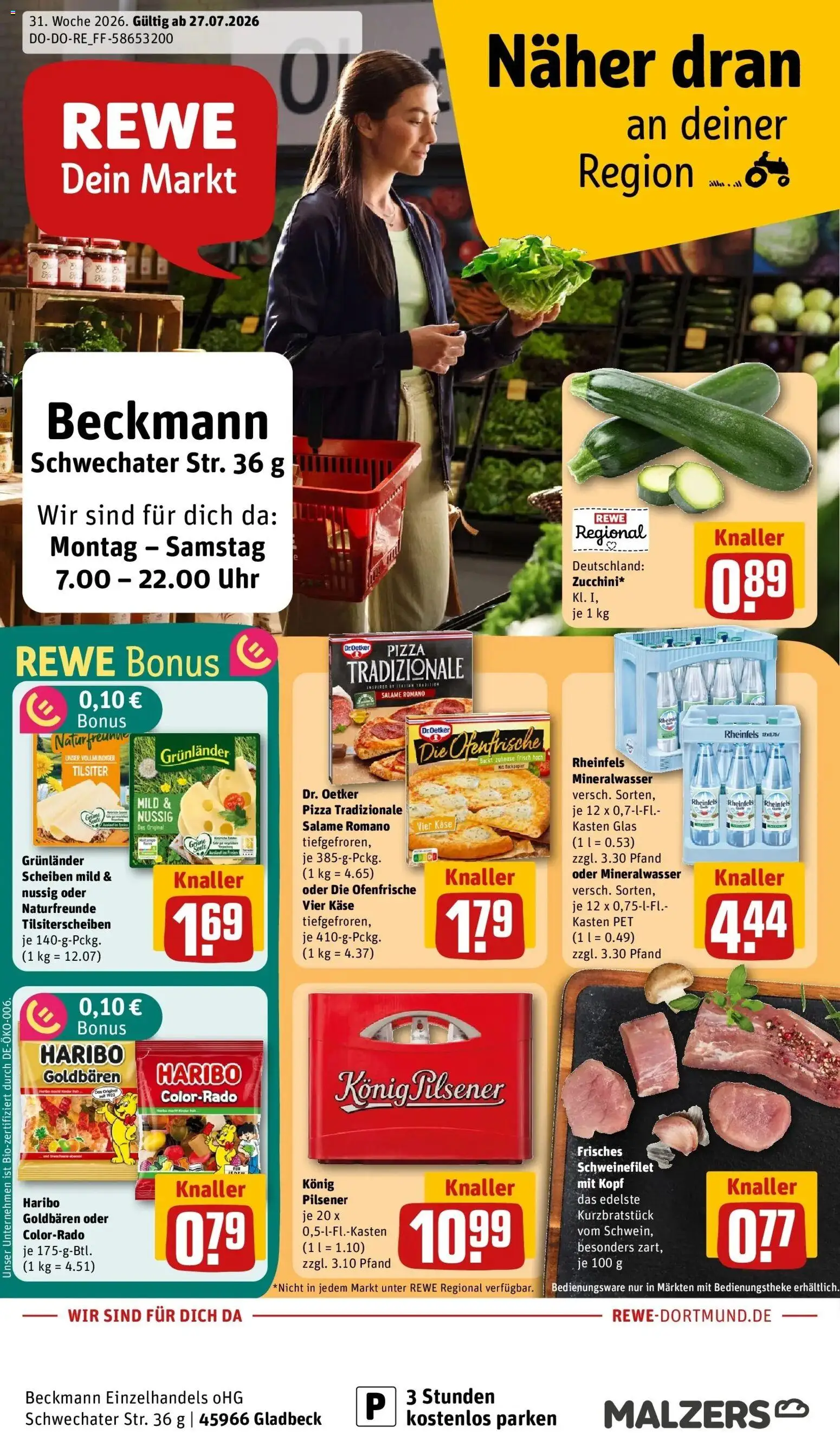 Rewe Prospekt Gladbeck – gültig ab 27.07.2026 | Seite: 1 | Produkte: Ofenfrische, Mineralwasser, Pizza, Uhr