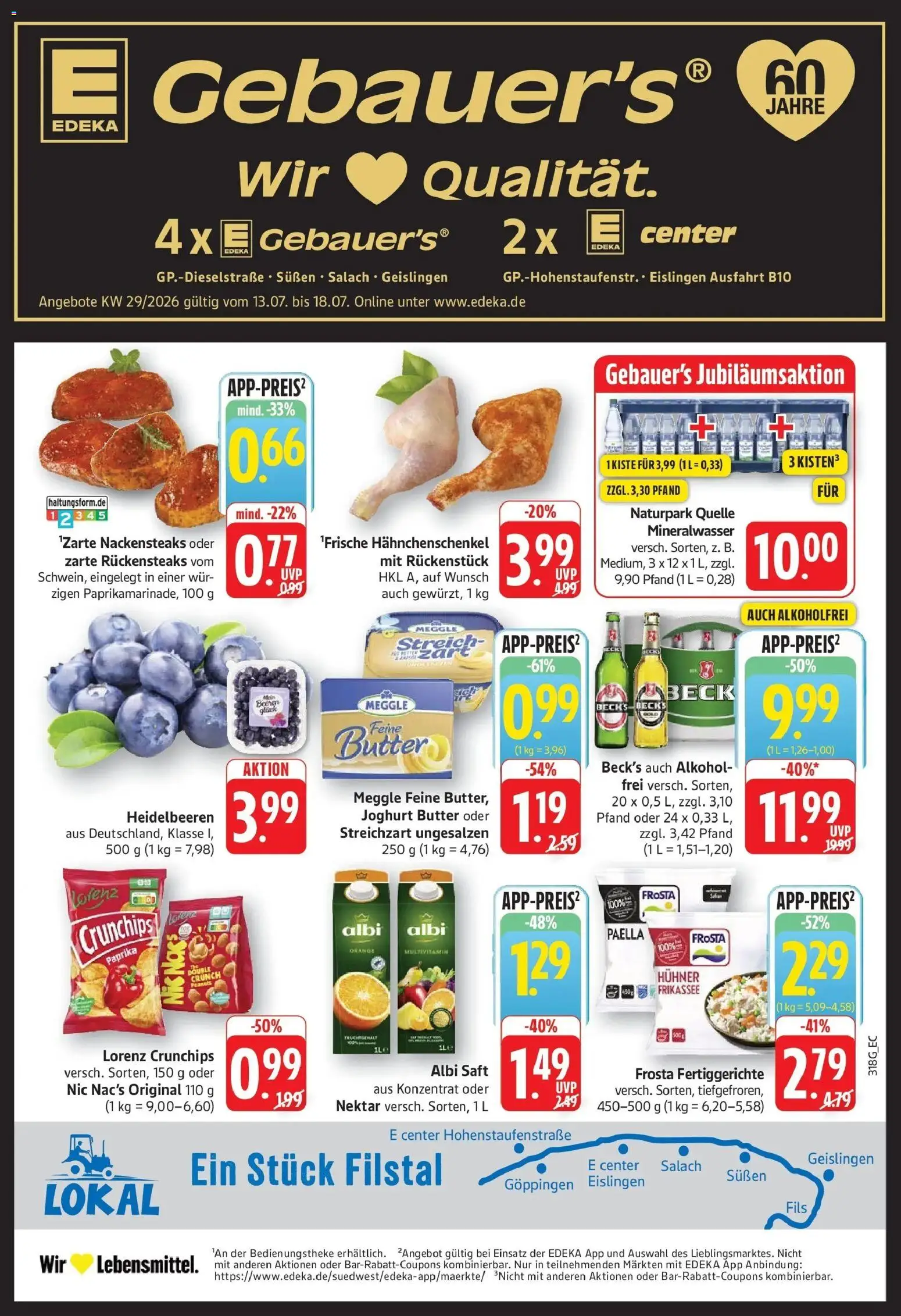 Edeka prospekt Göppingen – gültig ab 13.07.2026 | Seite: 1 | Produkte: Nackensteaks, Hahnchenschenkel, Mineralwasser, Paprika