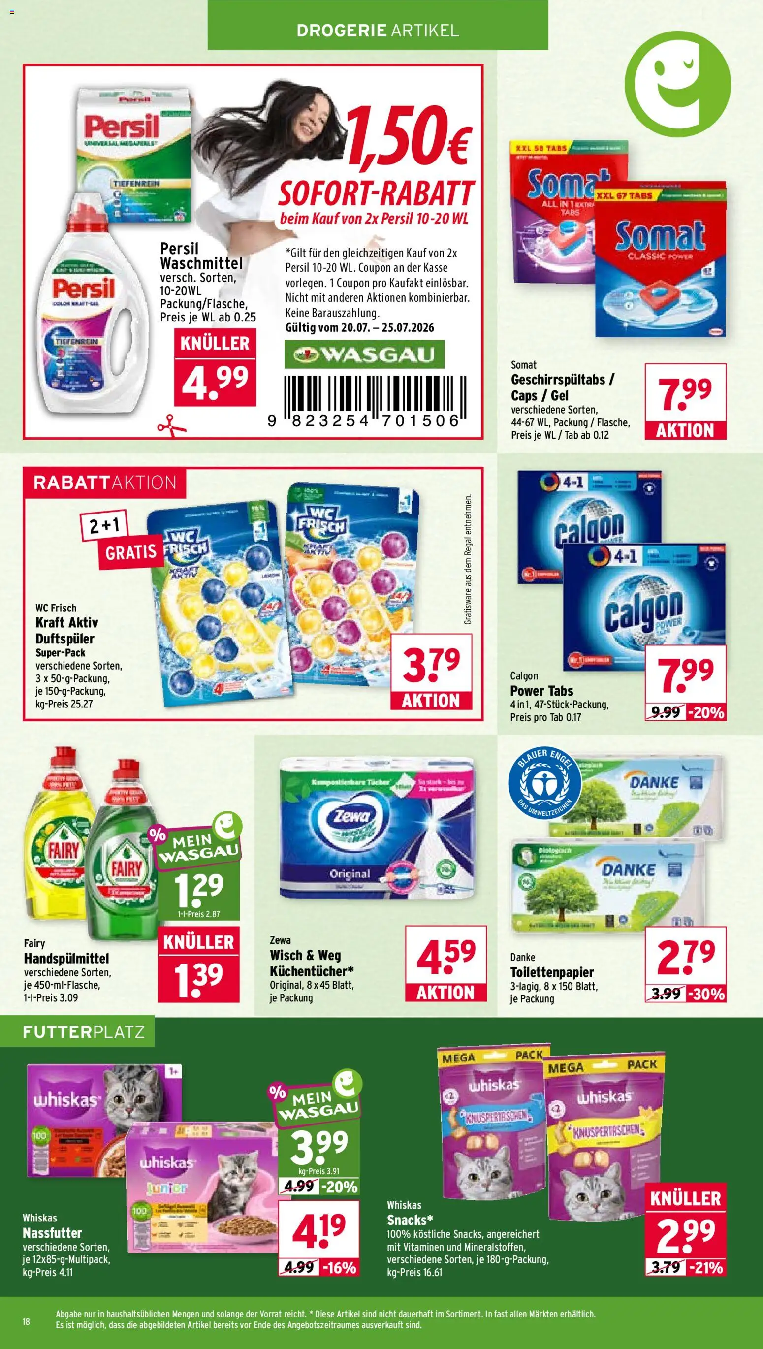 Wasgau Prospekt – gültig ab 20.07.2026 | Seite: 18 | Produkte: Regal, Zewa, Persil, Whiskas