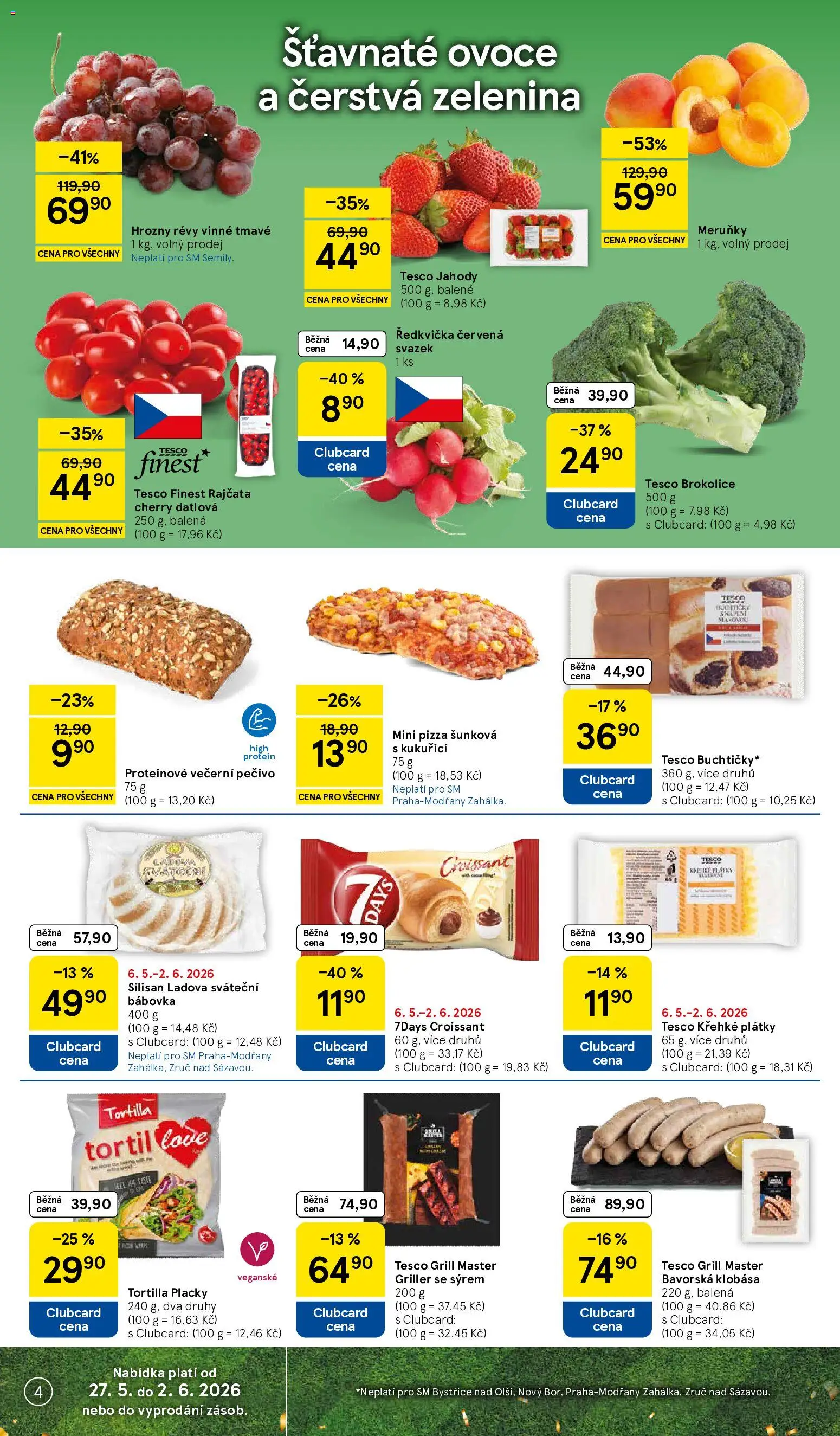 Tesco leták - Supermarket od 27.05.2026 | Strana: 4 | Produkty: Rajčata, Zelenina, Tortilla, Hrozny