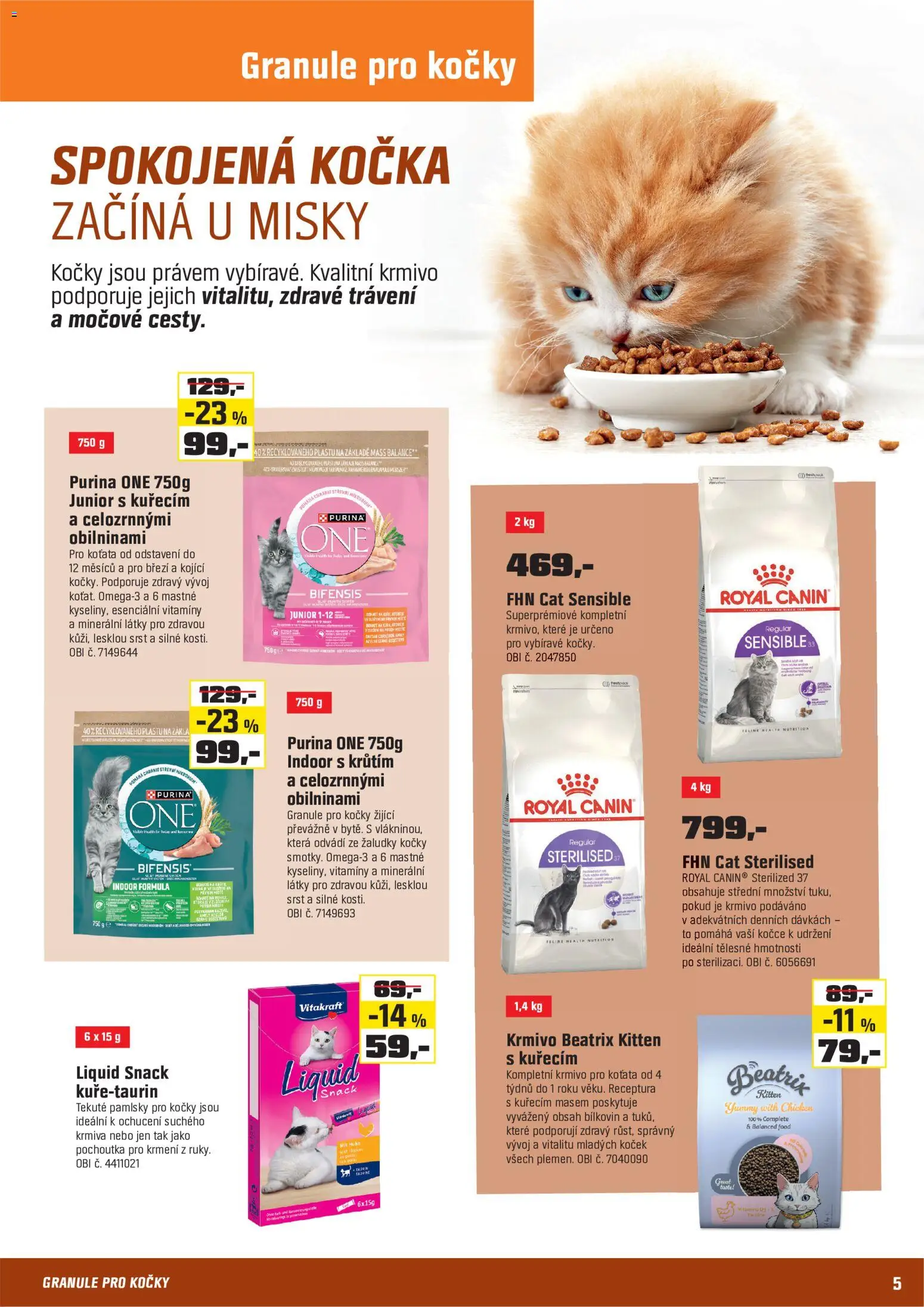 OBI leták - Chovatelské potřeby od 15.09.2026 | Strana: 5 | Produkty: Granule, Vitamíny, Granule pro kočky, Purina one