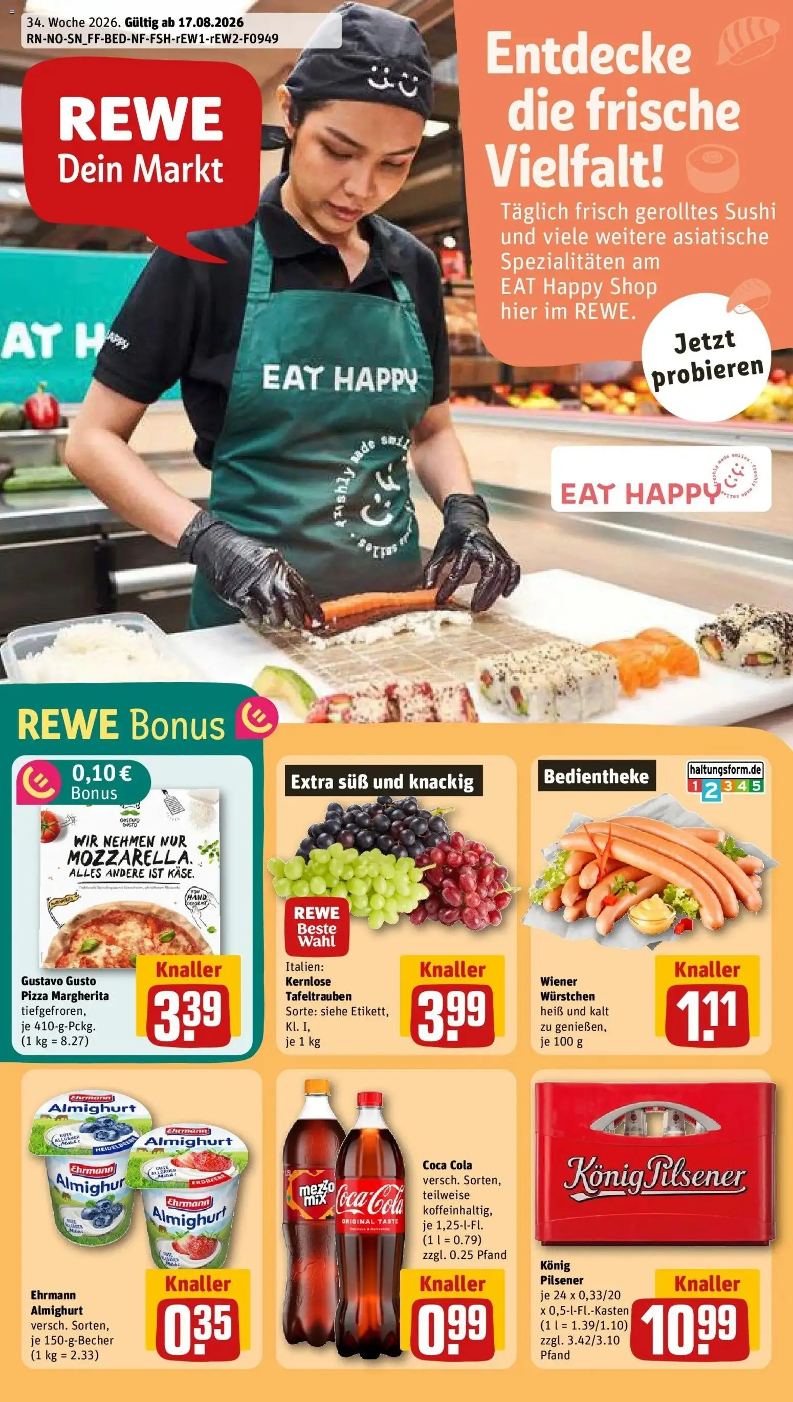 REWE Prospekt ab 17.08.2026 zum Blättern » Angebote | Seite: 1 | Produkte: Gustavo gusto, Coca cola, Spezialitäten, Pizza