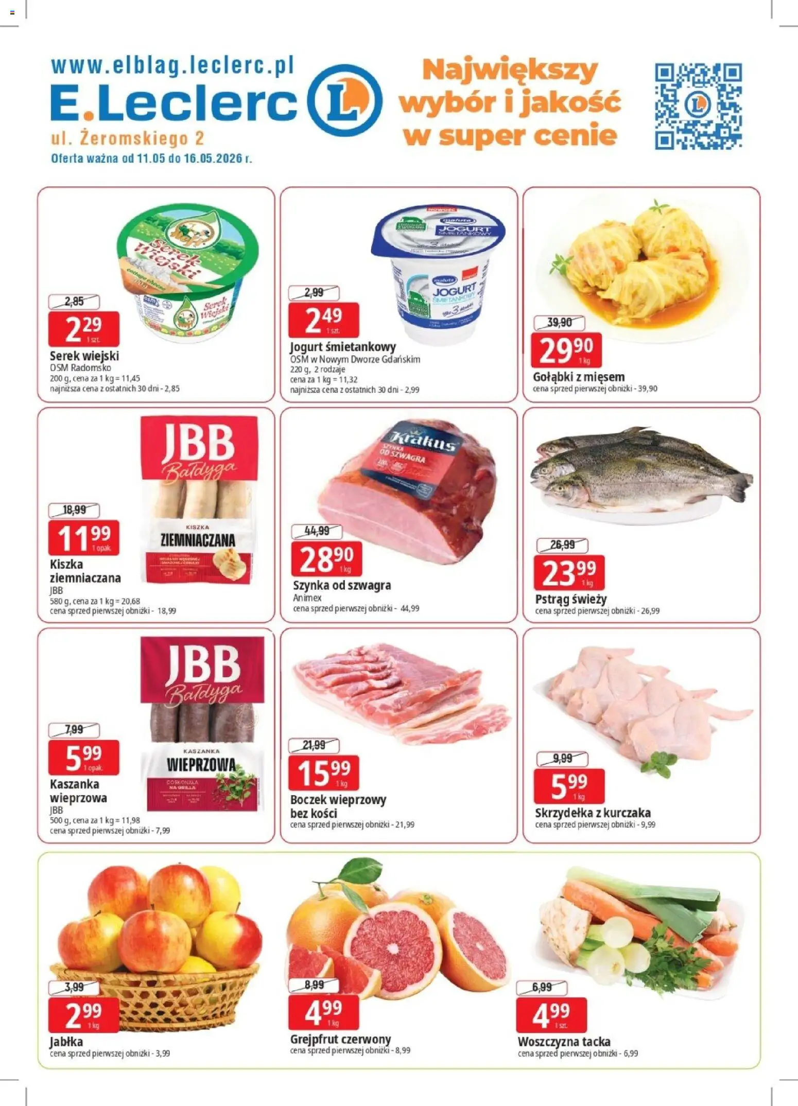 E.Leclerc gazetka - Elbląg od 11.05.2026 | Strona: 1 | Produkty: Skrzydełka z kurczaka, Boczek wieprzowy, Szynka, Jabłka