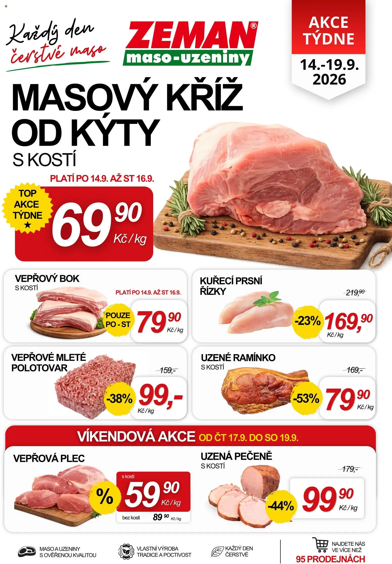 Prodejny Zeman aktuální leták od 14.09.2026 | Strana: 1 | Produkty: Řízky, Uzeniny, Maso, Vepřová plec